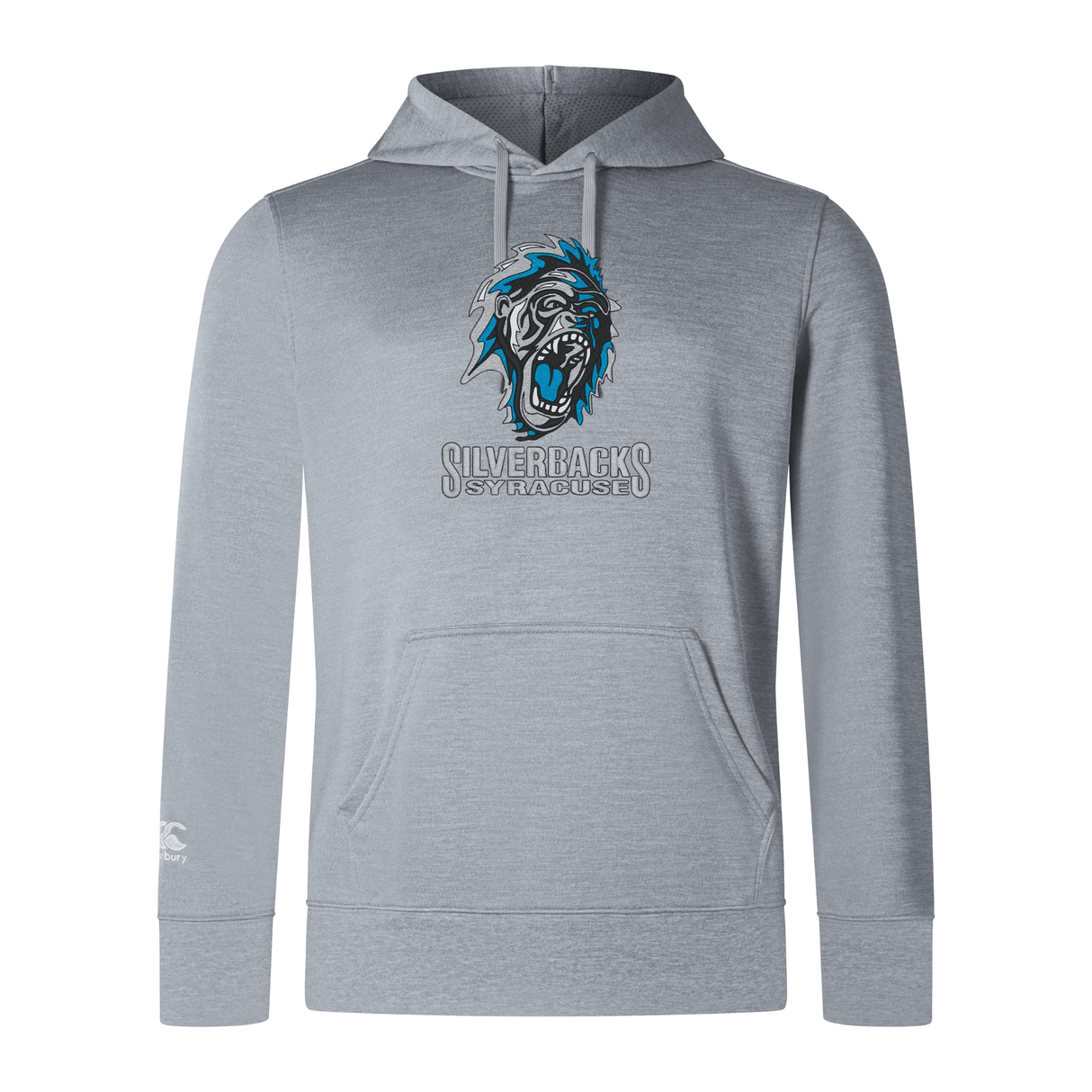 A gray Syracuse Silverbacks Club Lightweight Hoodie by Canterbury with a front pocket, featuring an embroidered CCC logo and a roaring gorilla with the text "SILVERBACKS SYRACUSE" beneath it by WRS Canterbury.