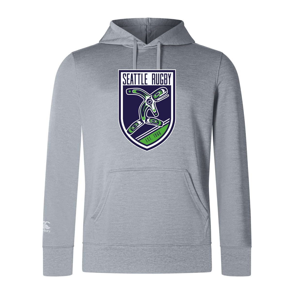 Gray WRS Canterbury Club Lightweight Hoodie with a "Seattle rugby" logo featuring a stylized octopus and rugby ball on the chest.
