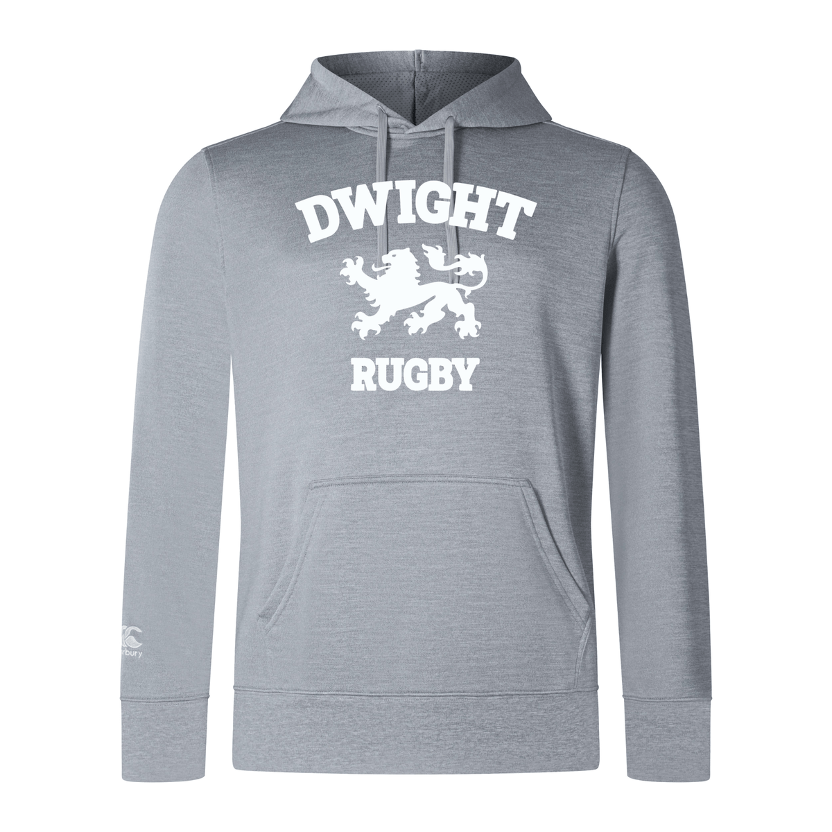 Gray lightweight hoodie featuring "DWIGHT RUGBY" and a lion emblem in white print, complete with a convenient kangaroo pocket. The product name is Dwight Rugby White Logo Club Lightweight Hoodie by Canterbury, and it is offered by WRS Canterbury.