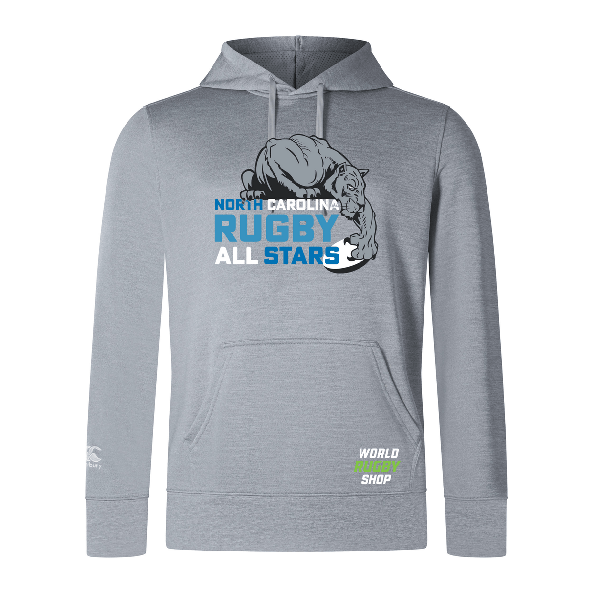 A gray NC All Stars Club Lightweight Hoodie by Canterbury with a graphic design of a growling panther and text that reads "North Carolina Rugby All Stars." Made from durable polyester, it features a small logo in the bottom right corner that says "WRS Canterbury," perfect for Canterbury Club fans.