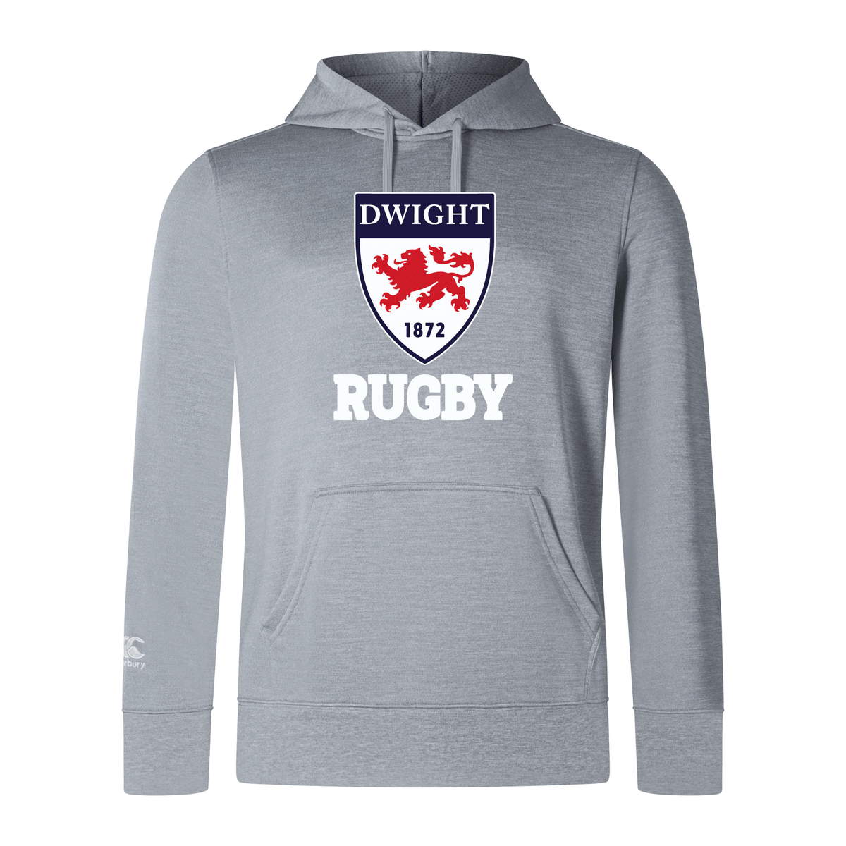Gray Dwight Rugby Club Lightweight Hoodie by WRS Canterbury featuring the word "dwight" at the top, a shield emblem with "1872 rugby" and a red lion, and the word "rugby" across the chest.