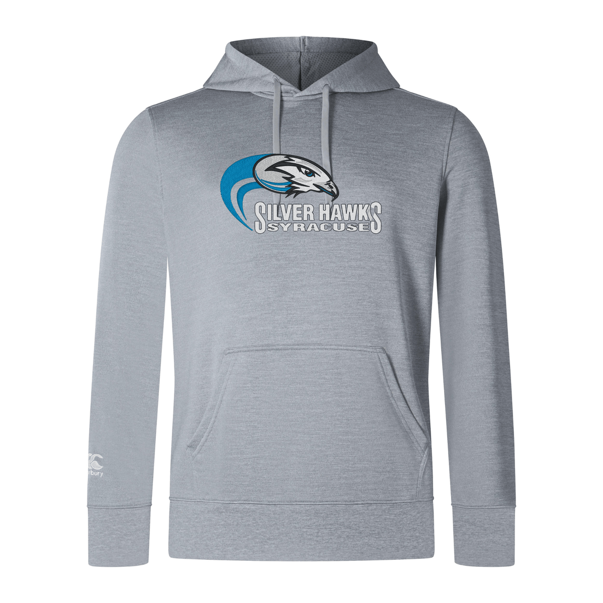 The Syracuse Silver Hawks Club Lightweight Hoodie by Canterbury is a lightweight hoodie made from polyester, featuring a gray hooded sweatshirt with front pocket and white drawstrings. It showcases an embroidered "Silver Hawks Syracuse" logo with a hawk illustration on the chest. This product comes from the WRS Canterbury brand.