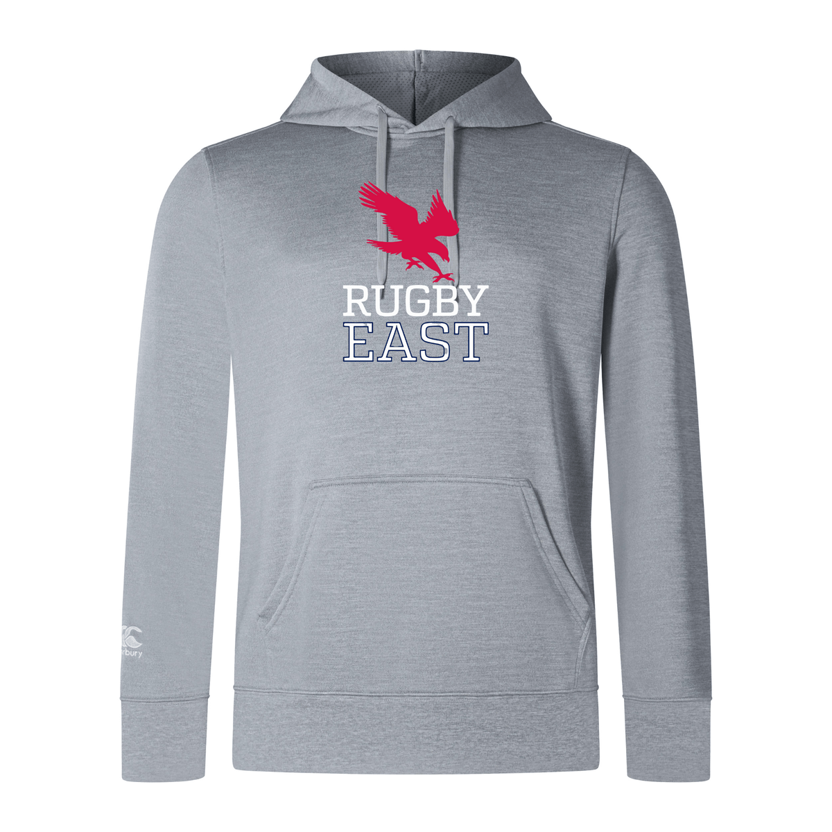 This Rugby East Conference Club Lightweight Hoodie by Canterbury features a gray hood with a red eagle logo and "RUGBY EAST" text on the front. Made from polyester, it includes a convenient kangaroo pocket and long sleeves for added comfort.