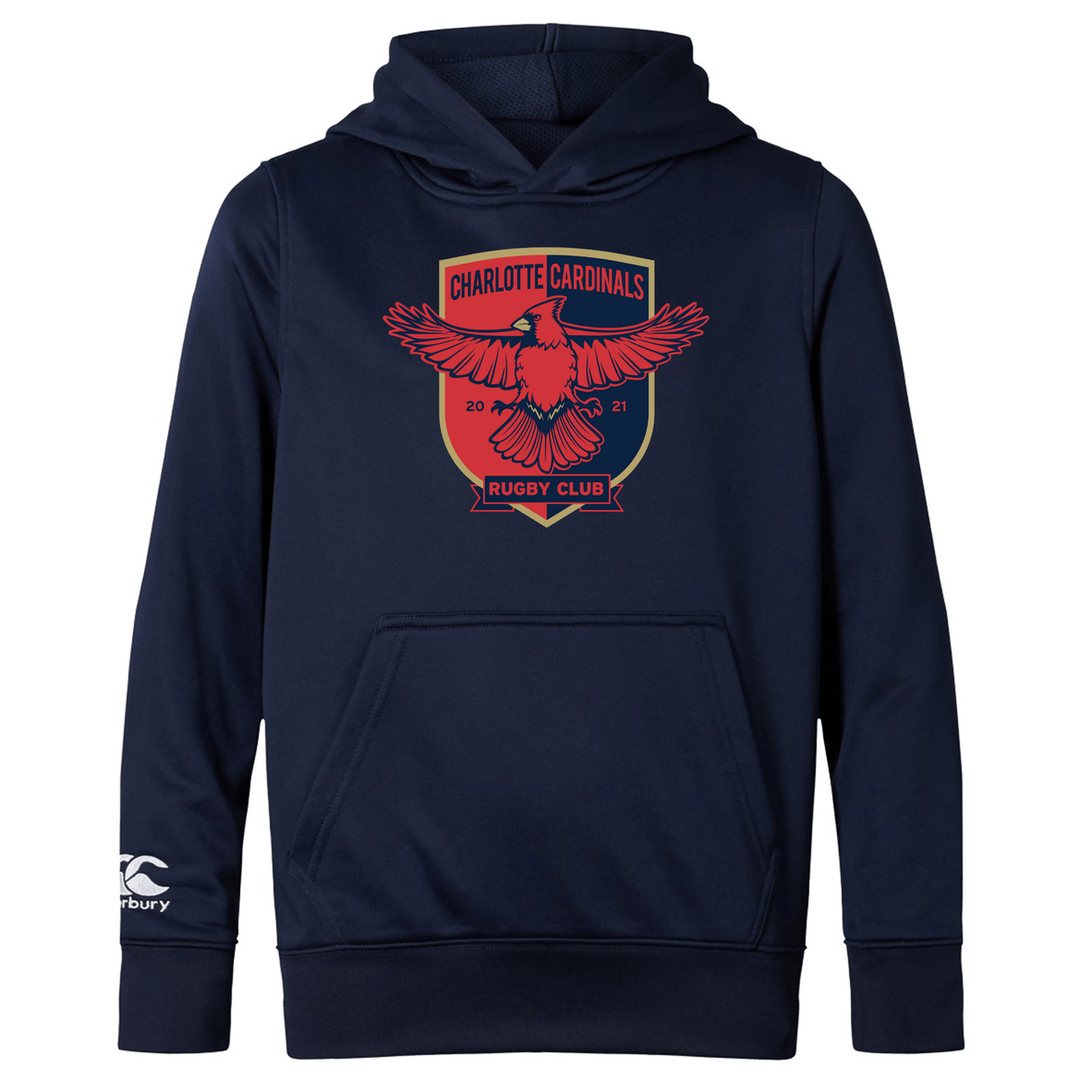 Navy blue, WRS Canterbury lightweight hoodie with "Charlotte Cardinals Rugby Club" logo featuring red wings and dates "20-21" on the front and a kangaroo pocket.