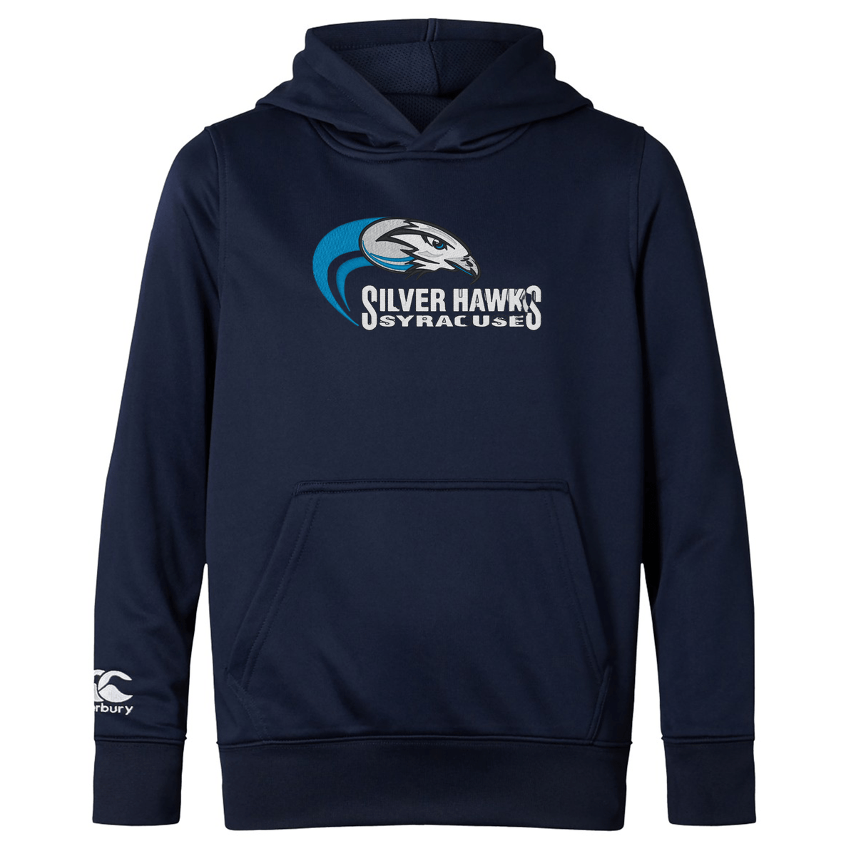 A navy blue lightweight hoodie with a polyester hood, featuring the logo and text "Silver Hawks Syracuse" on the front and a small white embroidered CCC logo on the sleeve. The product is called **Syracuse Silver Hawks Club Lightweight Hoodie by Canterbury** and it is available from **WRS Canterbury**.