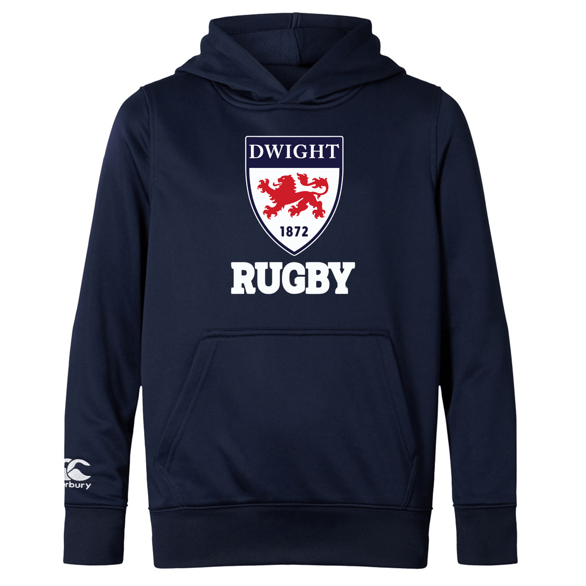 Navy blue Dwight Rugby Club lightweight hoodie by WRS Canterbury, featuring a white "dwight 1872 rugby" logo and a red lion crest on the front.
