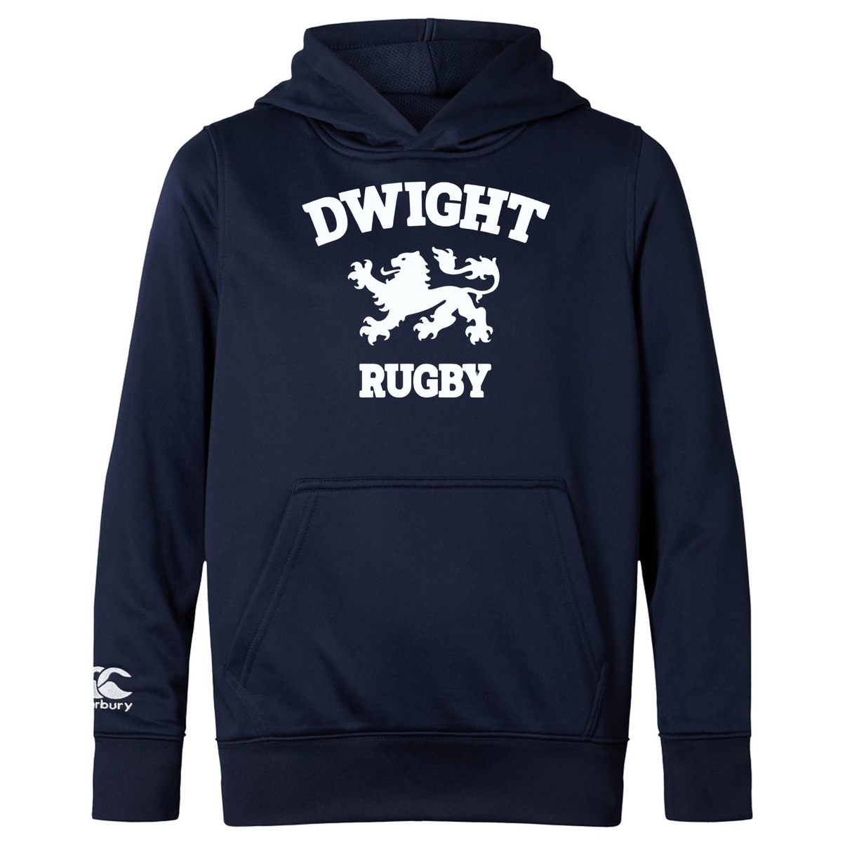 A navy blue Dwight Rugby White Logo Club Lightweight Hoodie by Canterbury with white text that reads "DWIGHT RUGBY" and features a lion graphic in the center. The hoodie boasts a kangaroo pocket, a small logo on one sleeve, and the iconic WRS Canterbury logo for an added touch of authenticity.