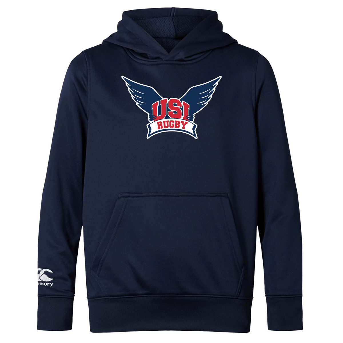 Dark blue University of Southern Indiana Club Lightweight Hoodie by Canterbury featuring a "USA Rugby" logo with wings in the center, a WRS Canterbury logo on the right sleeve, and a convenient kangaroo pocket.