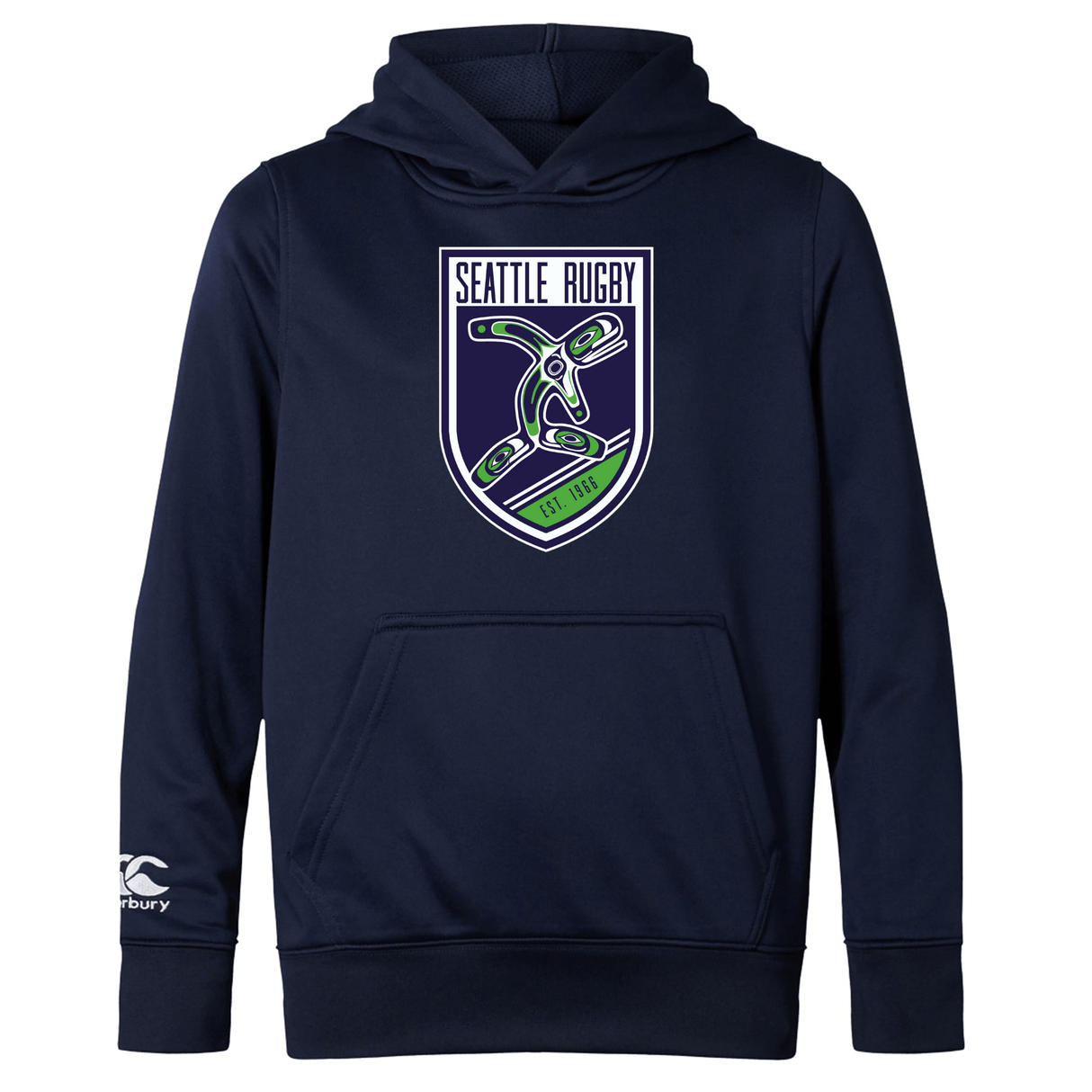 Navy blue Seattle Rugby Club Club lightweight hoodie by WRS Canterbury featuring the Seattle rugby emblem on the front, designed with a kangaroo pocket and a drawstring hood.