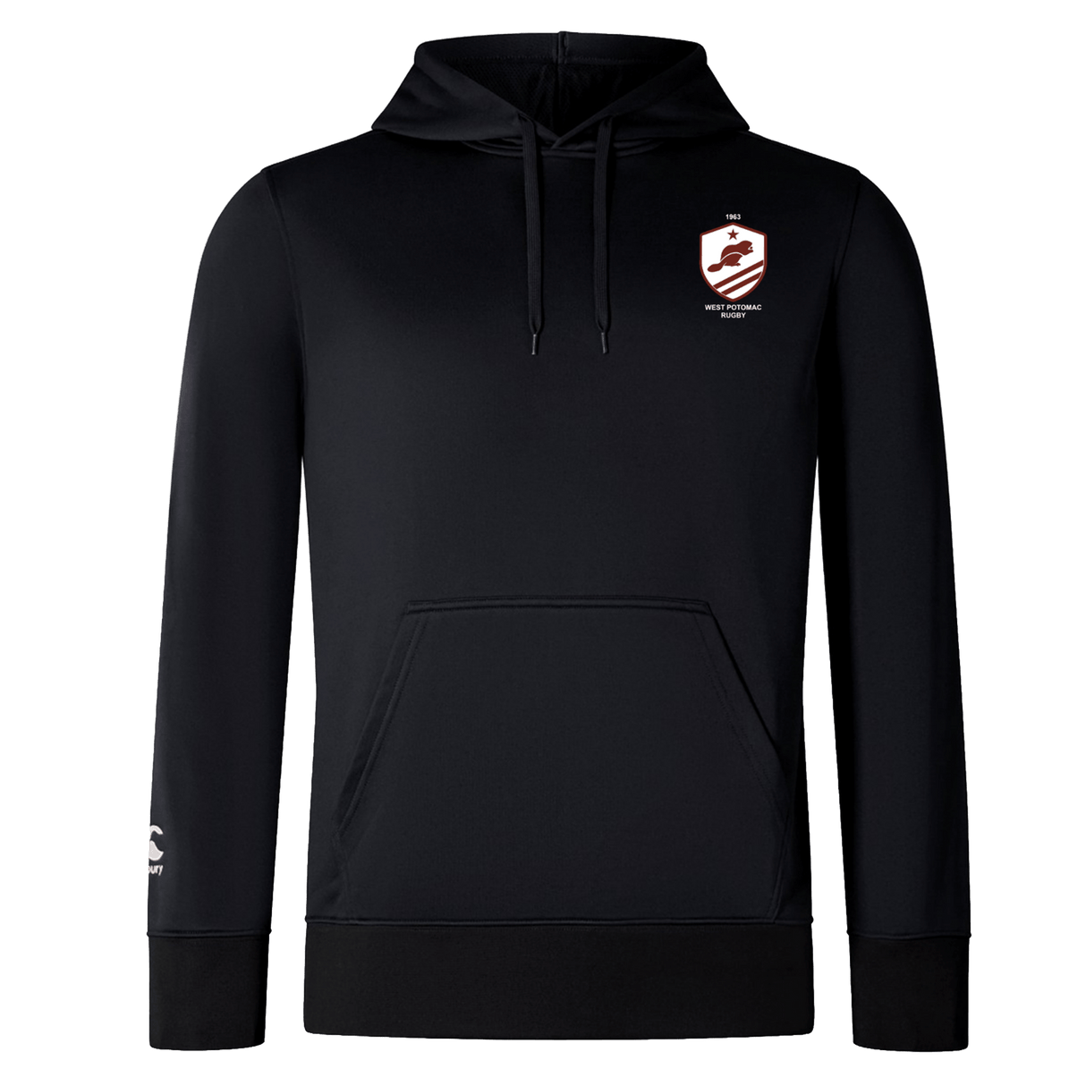 The West Potomac RFC Club Lightweight Hoodie by WRS Canterbury features a drawstring hood, kangaroo pocket, small white and red crest on the left chest, and a white logo on the left sleeve.