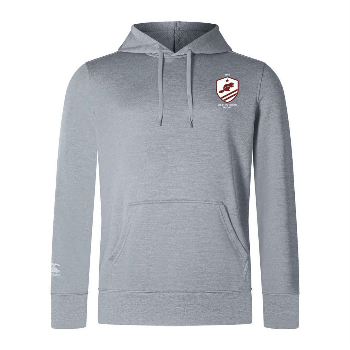 The West Potomac RFC Club Lightweight Hoodie by WRS Canterbury is a light gray hoodie featuring drawstrings, a kangaroo pocket, and a small maroon and white shield logo on the upper left chest.