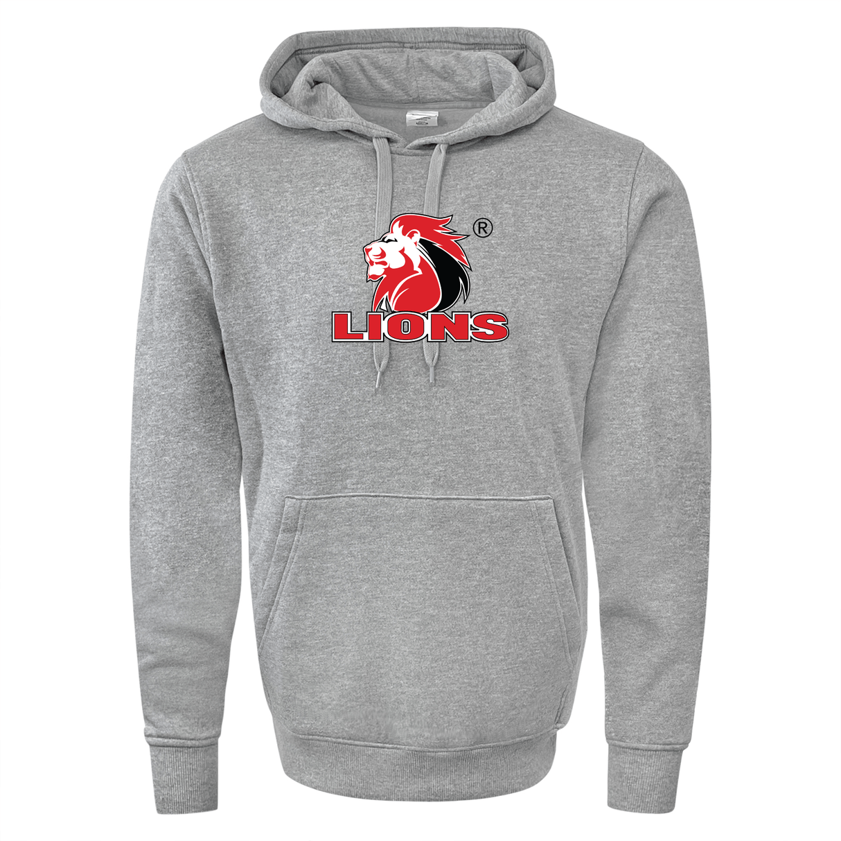 The WRS Augusta Lions 60/40 Pullover Hoodie is a gray fleece garment that showcases a red and white lion logo and the text "LIONS" on the front, making it ideal for South Africa Lions rugby supporters.