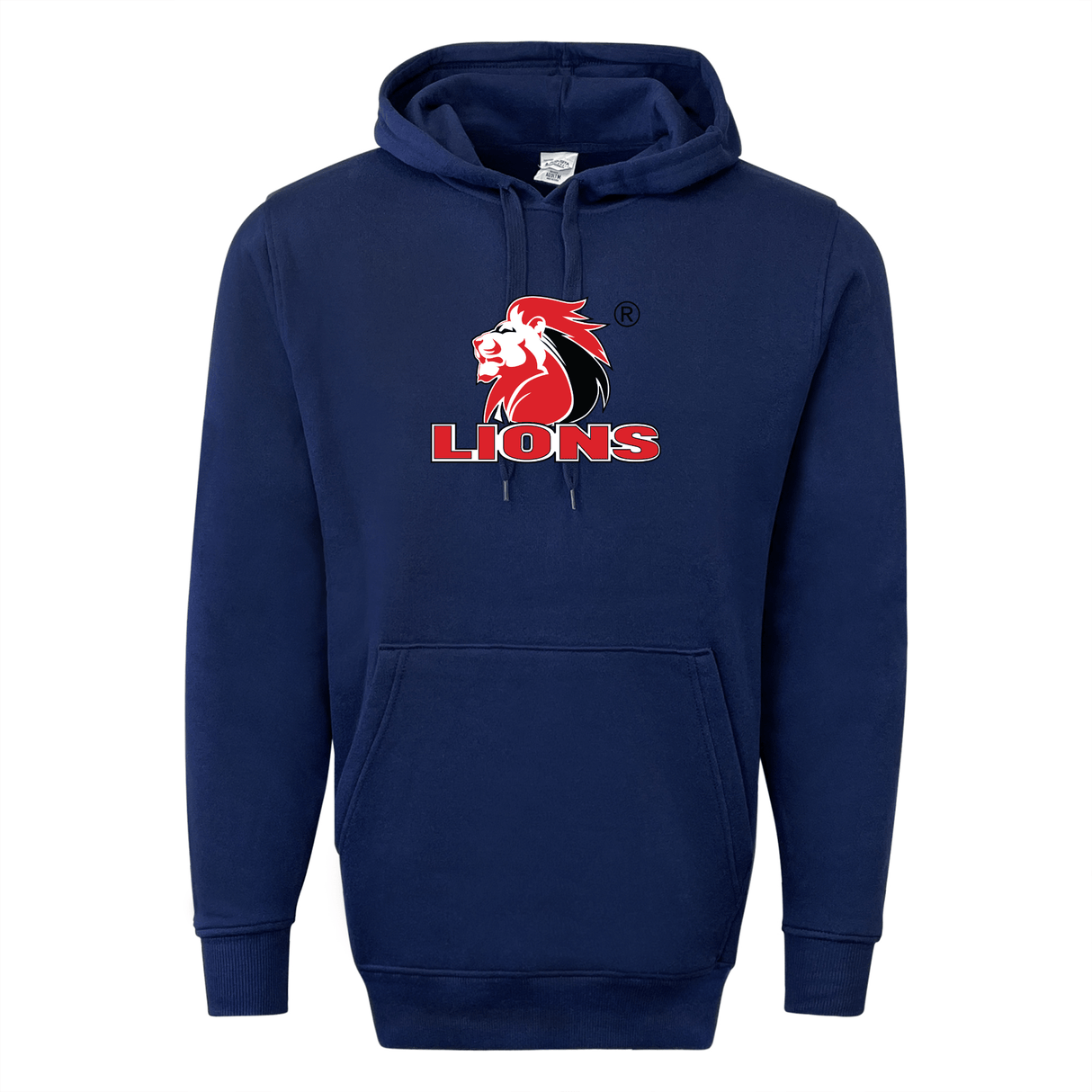Introducing the Lions 60/40 Pullover Hoodie by WRS Augusta: a navy blue fleece hoodie adorned with a striking red and white lion logo and the word "LIONS" below, ideal for fans of the South Africa Lions rugby team.