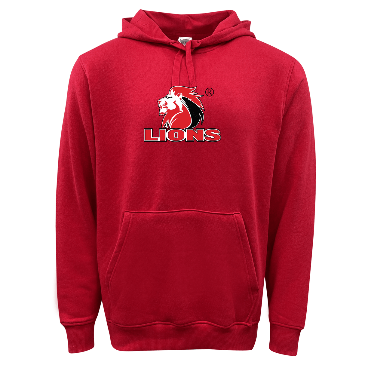 Celebrate the spirit of the South Africa Lions rugby team with this red Lions 60/40 Pullover Hoodie by WRS Augusta, featuring a bold lion logo and the word "Lions" on the front.