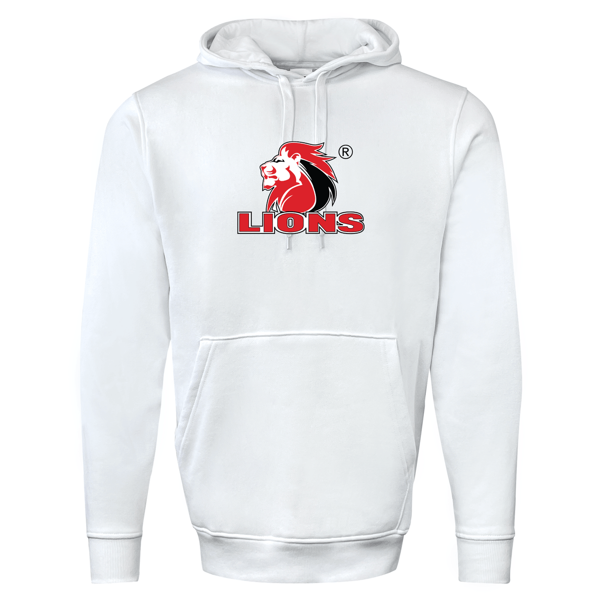 White Lions 60/40 Pullover Hoodie by WRS Augusta, featuring a red and black lion graphic with the text "LIONS" on the front, perfect for South Africa Lions rugby fans.