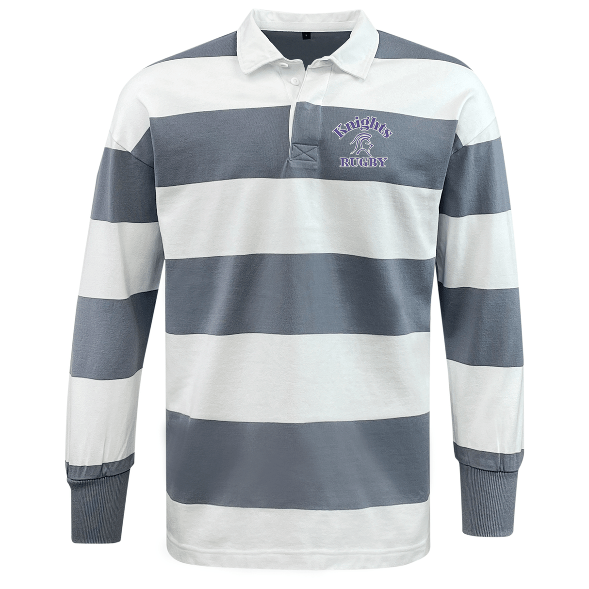 A long-sleeved, collared rugby shirt with horizontal grey and white stripes, embodying a throwback aesthetic and "Knights Rugby" embroidered on the left chest. This Ardrey Kell Rugby Classic Long Sleeve Striped Rugby Jersey by EMB Mudoo is perfect for leisurewear.