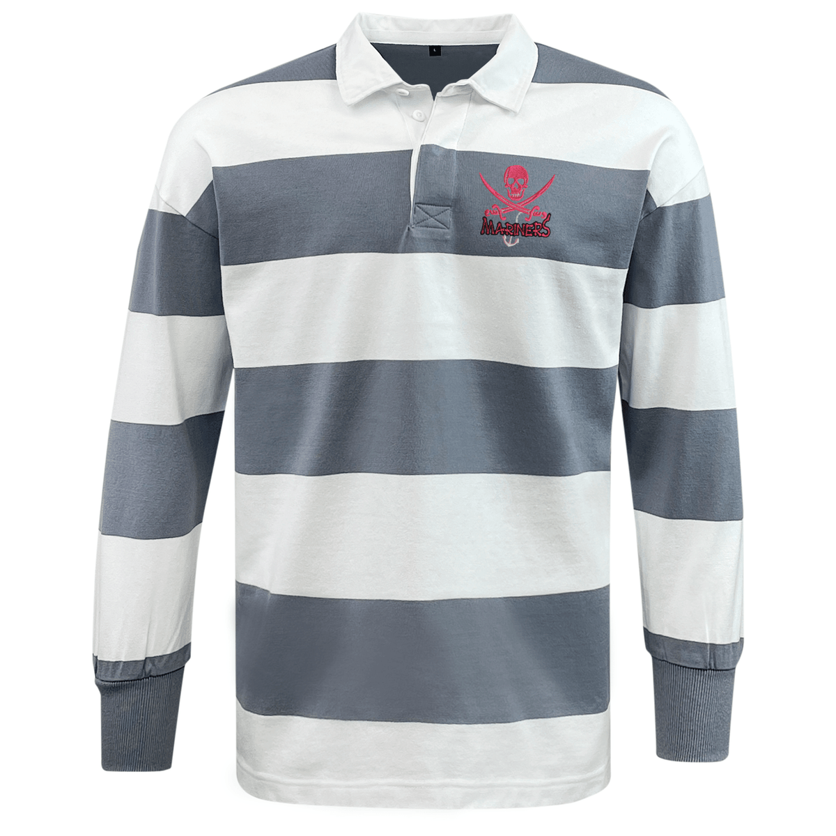 The SUNY Maritime Classic Long Sleeve Hooped Rugby Jersey by EMB Mudoo is a relaxed fit, long-sleeve shirt with wide horizontal grey and white stripes, featuring a small pink emblem with crossed swords on the left chest, reminiscent of a classic hooped rugby jersey for a throwback aesthetic.