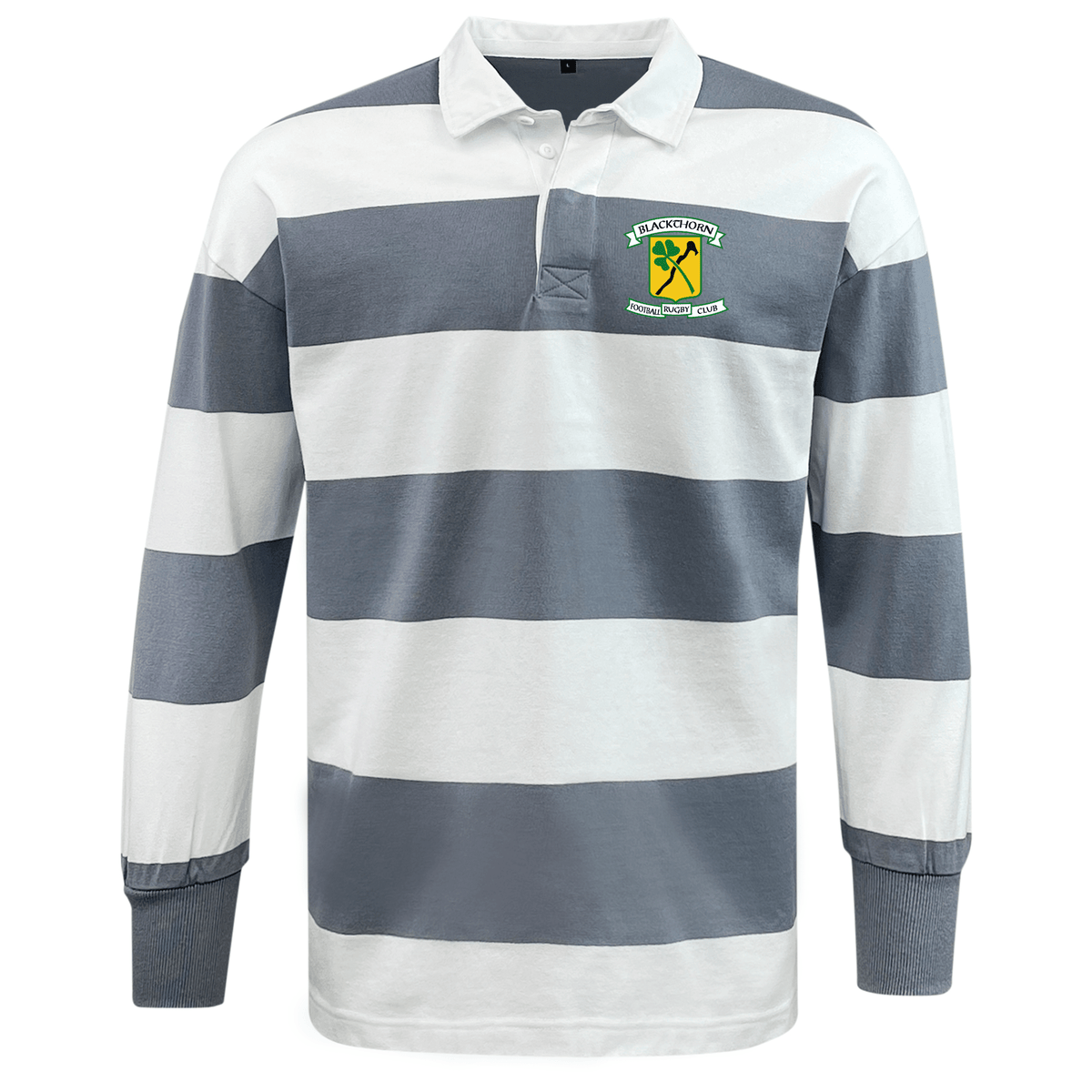 The Blackthorn RFC Classic Long Sleeve Hooped Rugby Jersey by EMB Mudoo features horizontal blue and white stripes and a green and yellow logo on the left chest, embodying a classic throwback aesthetic.