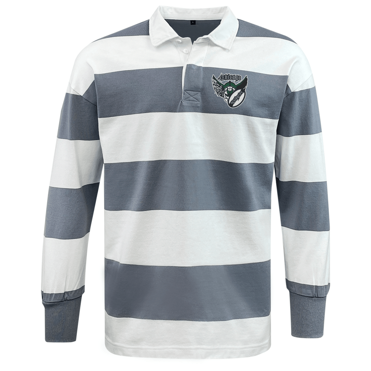 The EMB Mudoo Chicago Valkyries Classic Long Sleeve Hooped Rugby Jersey features wide horizontal stripes in white and grey, complemented by a small embroidered logo on the upper left side.