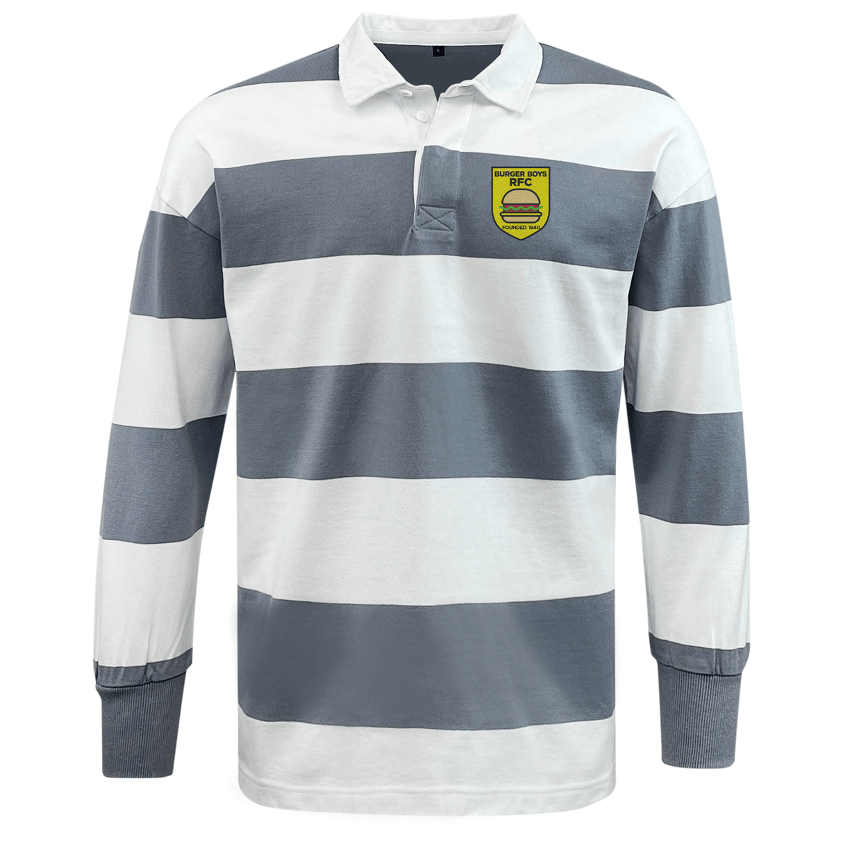 The Burger Boys RFC Classic Long Sleeve Hooped Rugby Jersey by EMB Mudoo is a nostalgic rugby shirt designed with wide horizontal grey and white stripes. It features a yellow shield patch with text and a graphic on the left chest, offering both classic style and comfortable leisurewear for any occasion.