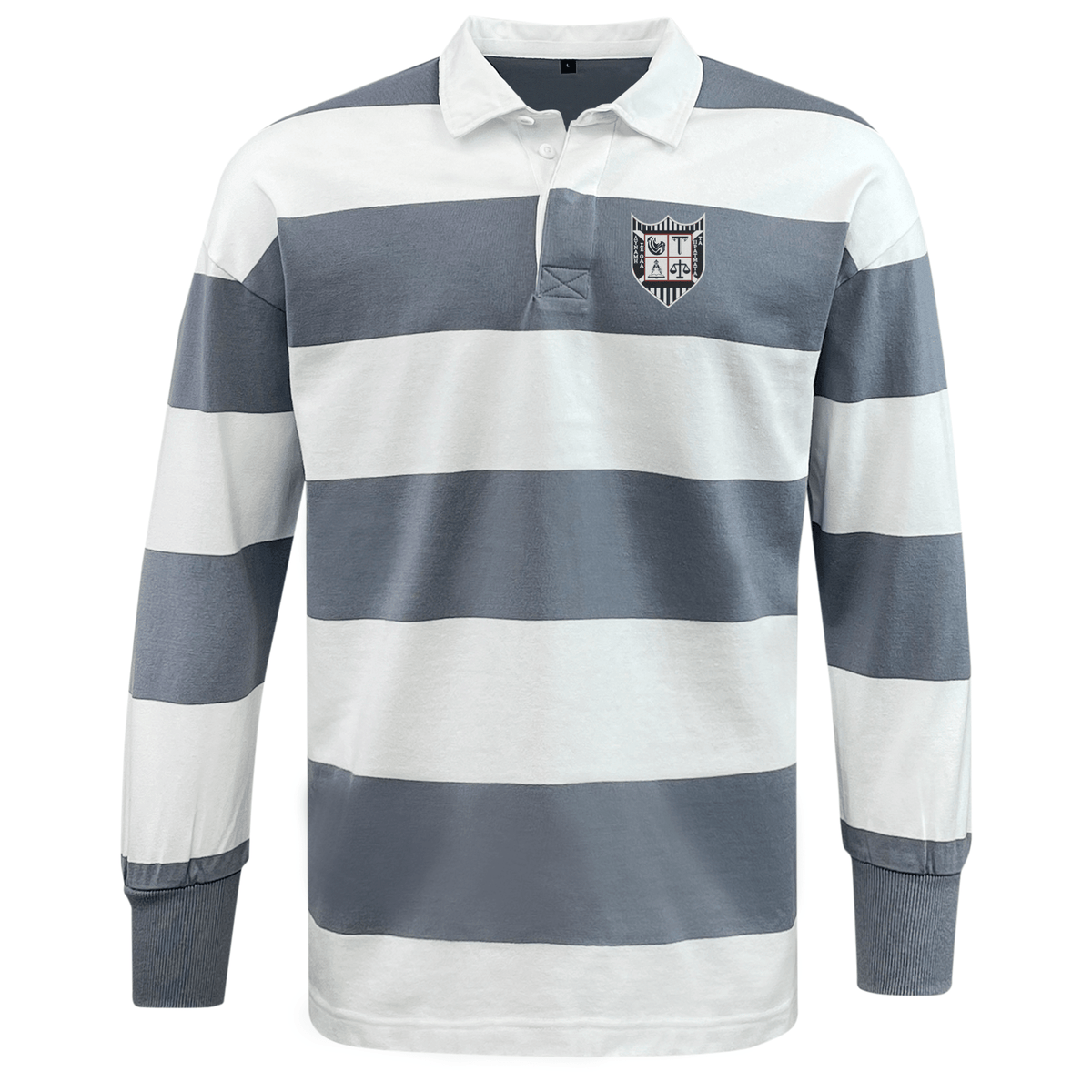 The Troy University Rugby Classic Long Sleeve Hooped Rugby Jersey by EMB Mudoo is a classic long-sleeve rugby jersey with wide horizontal stripes in alternating white and grey. It features a collar and a small embroidered shield crest on the left chest, making it perfect for comfortable leisurewear.