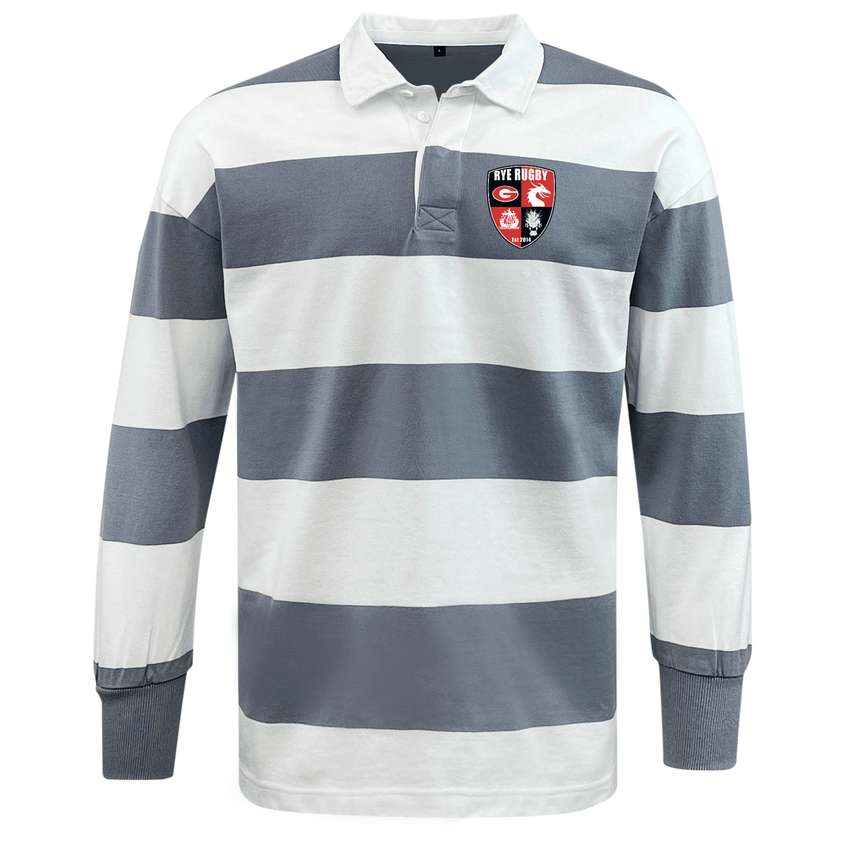 The Rye High School Rugby Classic Long Sleeve Hooped Rugby Jersey by EMB Mudoo features wide horizontal stripes in grey and white, a collar with buttons, and an embroidered shield logo with "RYE RUGBY" on the chest. This relaxed fit garment is crafted from a soft cotton/poly blend for ultimate comfort.