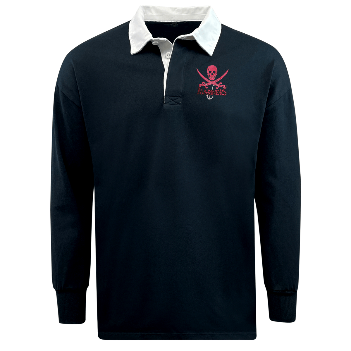 EMB Mudoo SUNY Maritime Classic Long Sleeve Solid Rugby Jersey with a white collar and a skull-and-crossbones logo embroidered on the upper left chest, crafted in a cotton/poly blend, captioned 'pirates 4ever.'