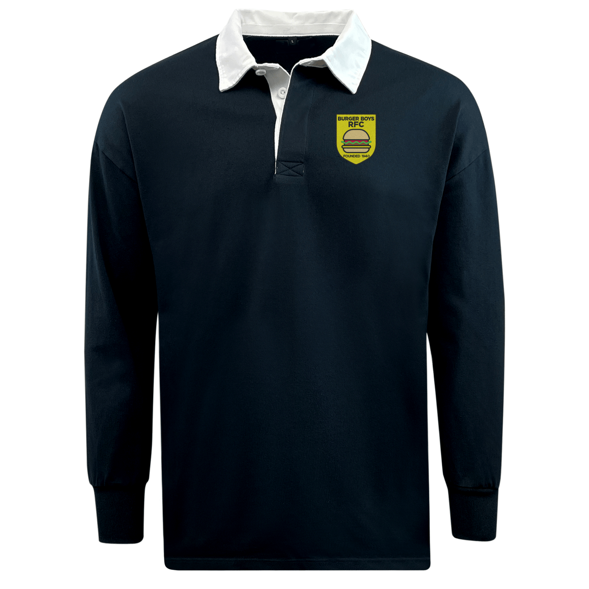 EMB Mudoo's Burger Boys RFC Classic Long Sleeve Solid Rugby Jersey in navy blue with white collar and a yellow, circular logo on the left chest.