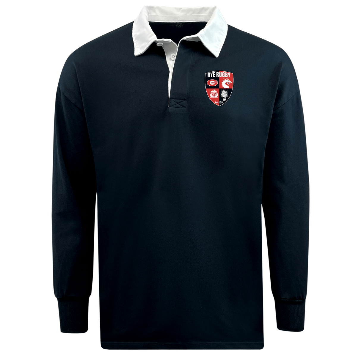Rye High School Rugby Classic Long Sleeve Solid rugby jersey with a contrasting white collar and a red and white rugby club logo on the chest by EMB Mudoo.