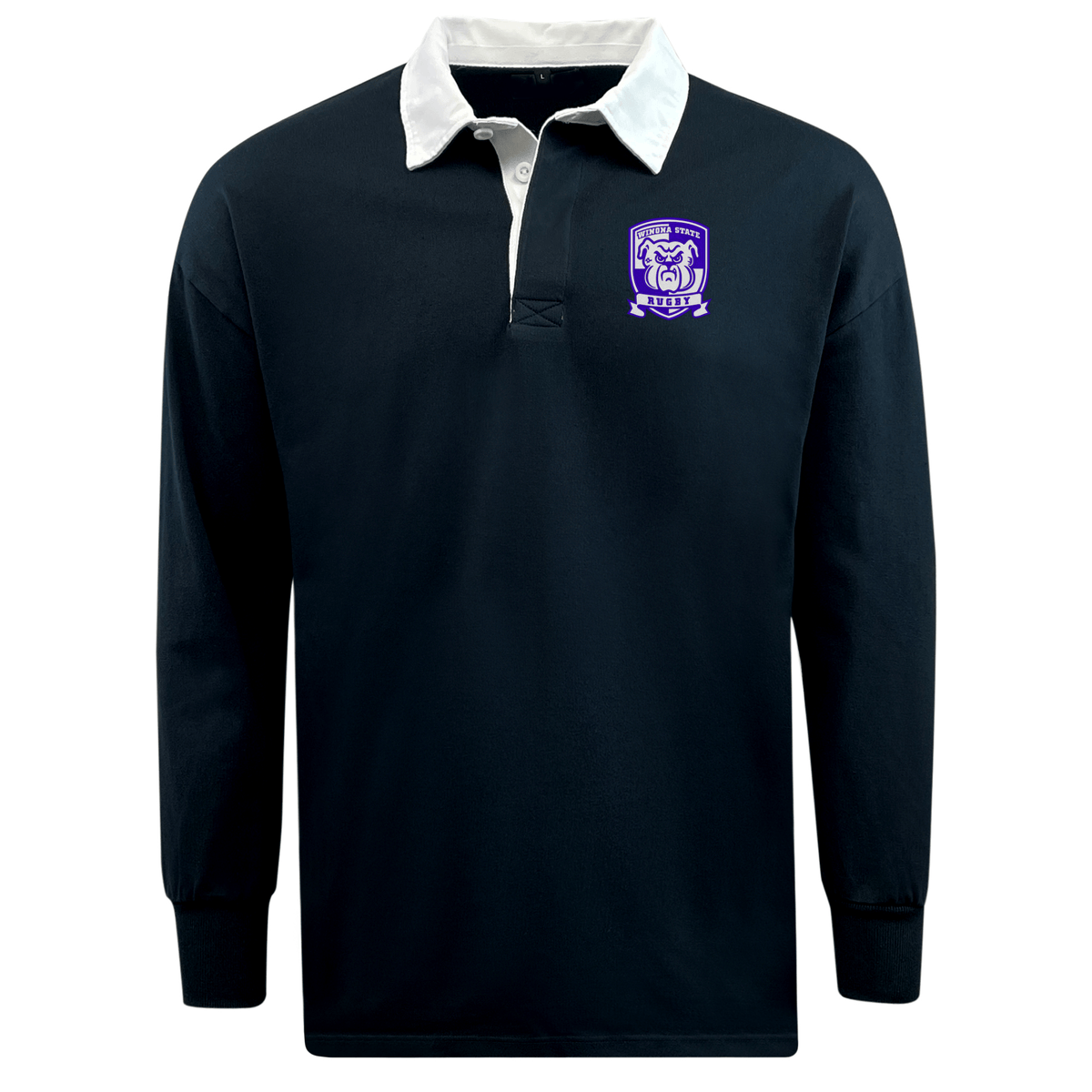 An EMB Mudoo Winona State University Classic Long Sleeve Solid Rugby Jersey, featuring a relaxed fit black design with a white collar and a purple and white emblem on the left chest. Made from a comfortable cotton/poly blend.