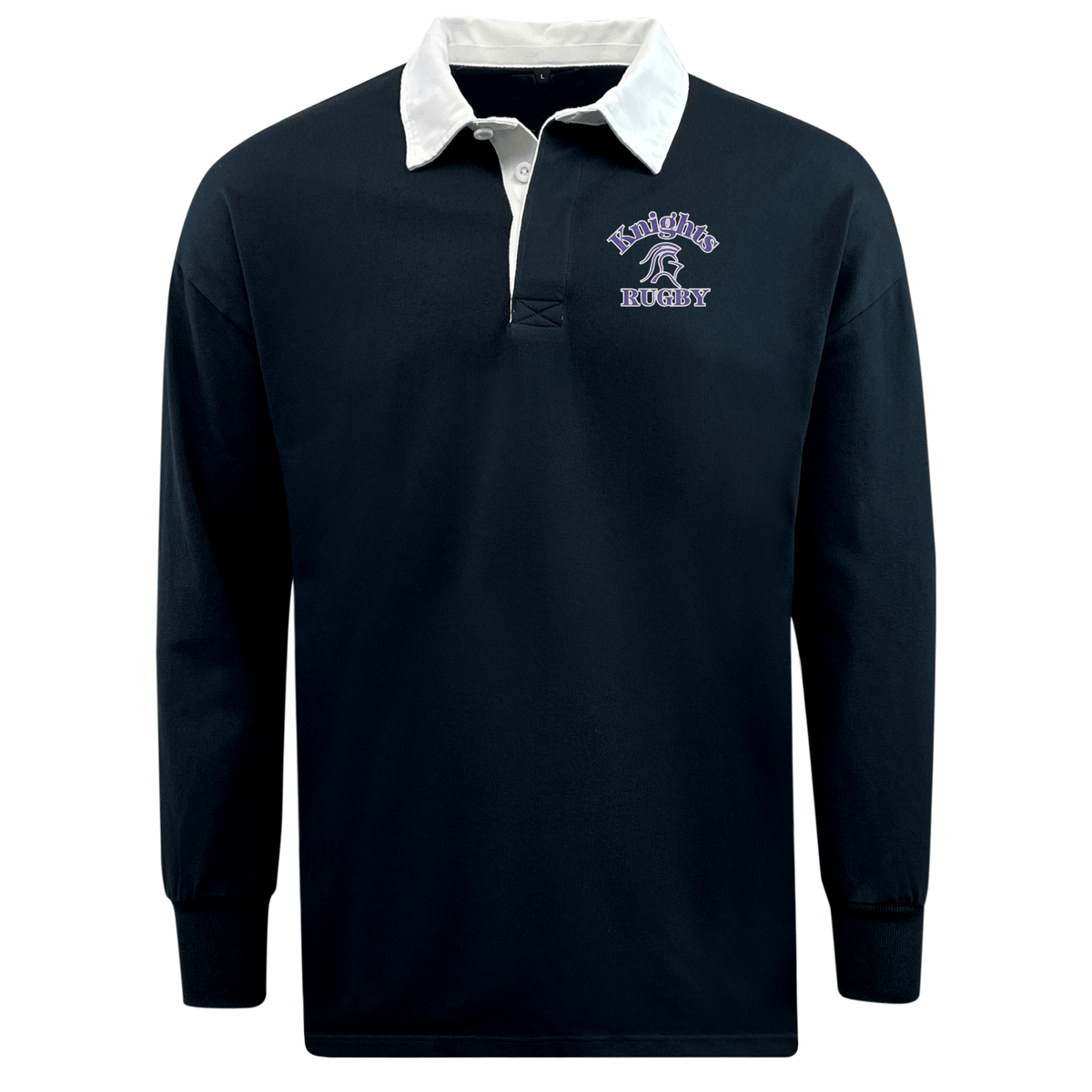 Black long-sleeve cotton/poly blend rugby shirt with a white collar, featuring the "Knights Rugby" logo in purple and white on the upper left chest. This EMB Mudoo Ardrey Kell Rugby Classic Long Sleeve Solid Rugby Jersey offers versatile style for any occasion.
