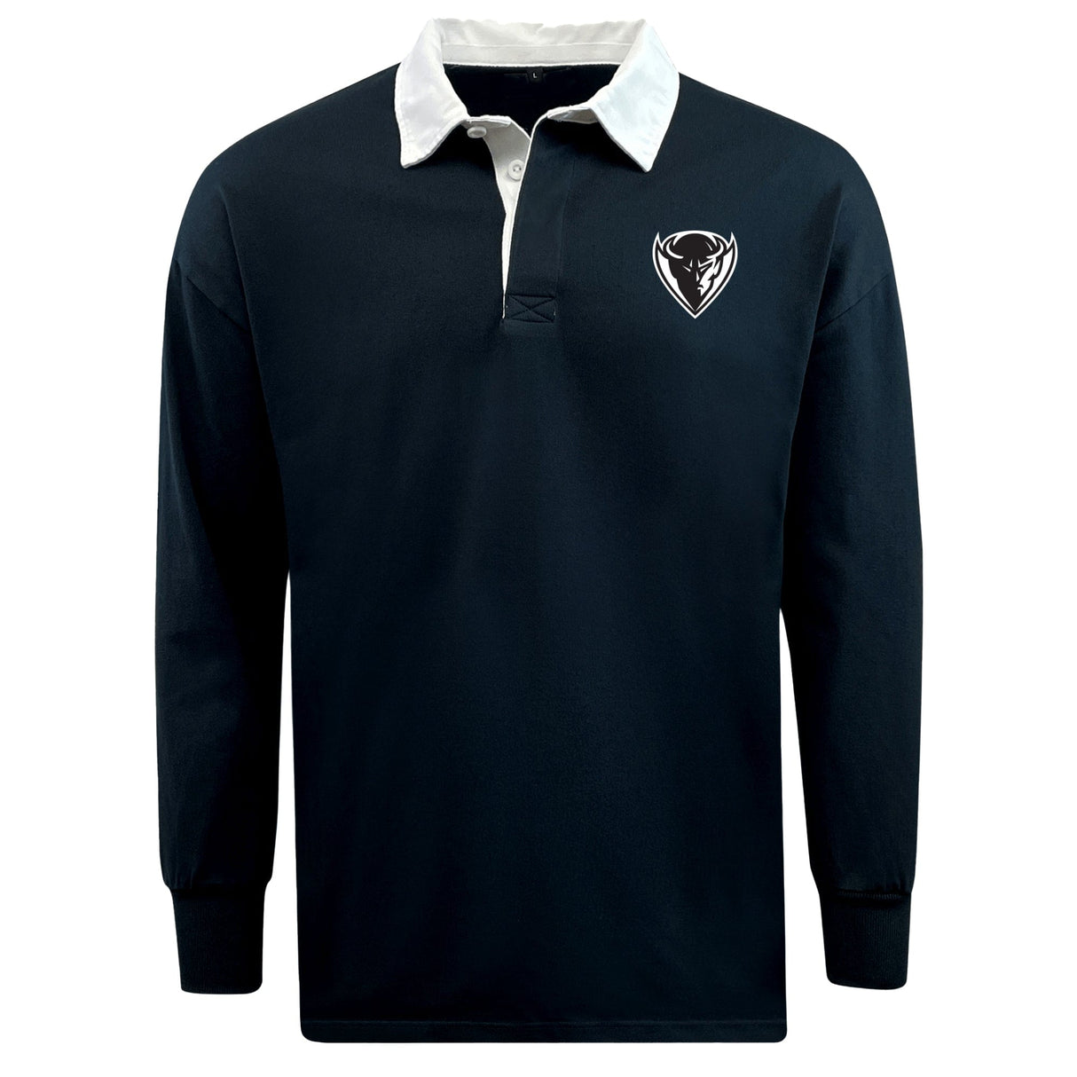 Navy blue DePaul University Classic Long Sleeve Solid Rugby Jersey with a white collar and a small white logo on the left chest area, crafted from a cotton/poly blend for comfort and durability by EMB Mudoo.