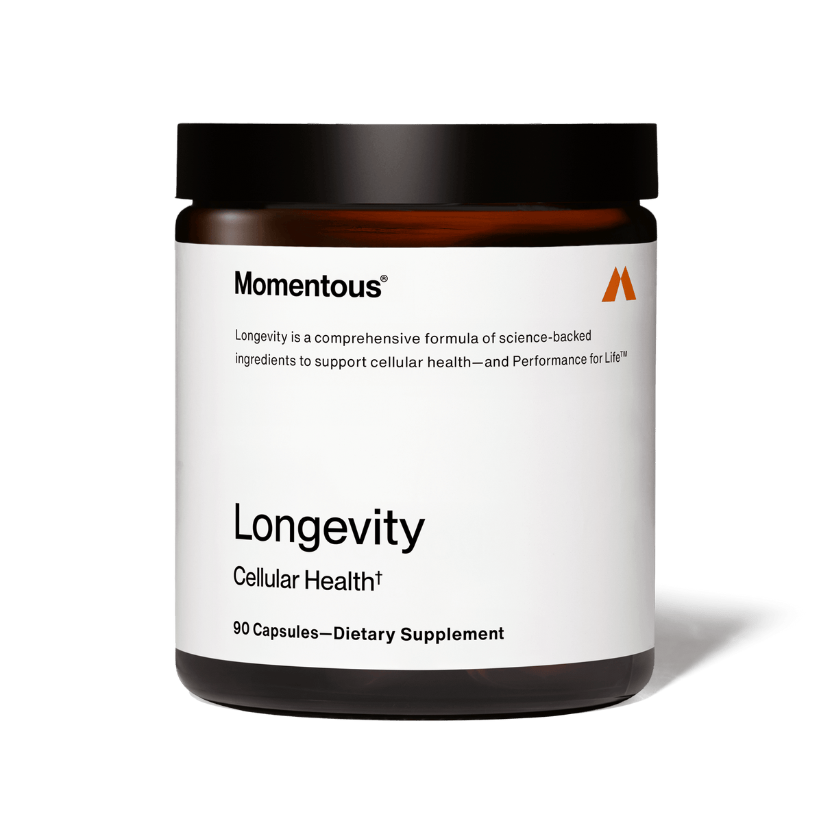A bottle of Momentous Longevity by Momentous, featuring 90 capsules for NAD⁺ support and brain health, is displayed against a plain white background.