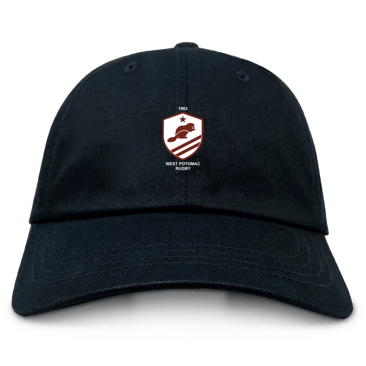 The EMB S&S Activewear West Potomac RFC Adult Low-Profile Cotton Twill Dad Cap is black and features an embroidered shield-shaped team logo with a star, rugby ball, and "1963" on the front.