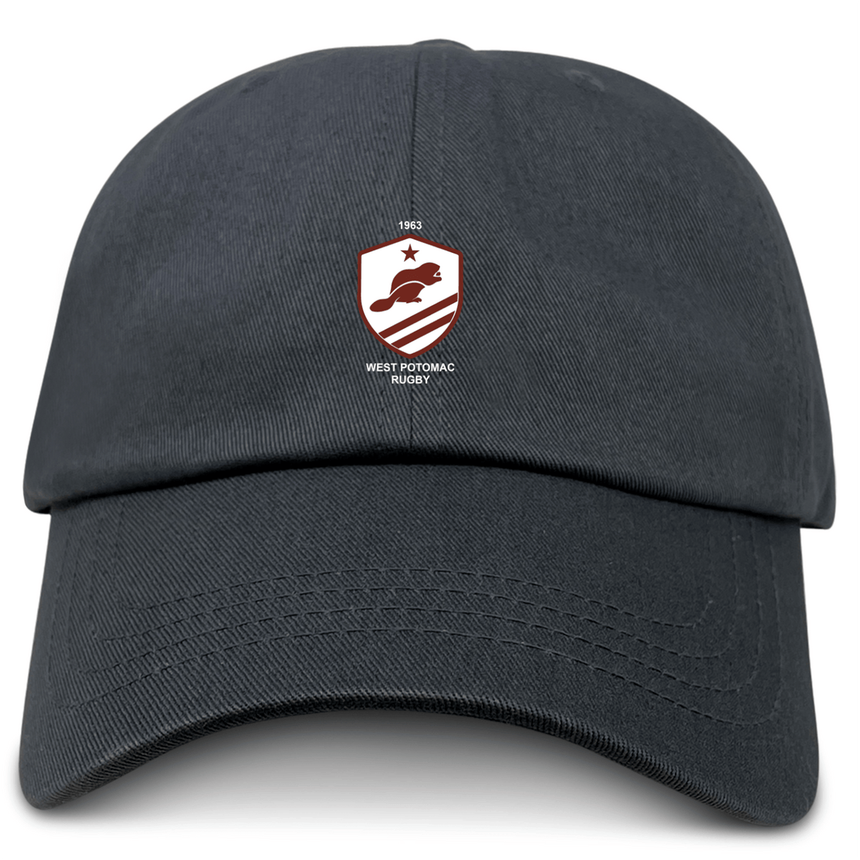 The EMB S&S Activewear West Potomac RFC Adult Low-Profile Cotton Twill Dad Cap features embroidered team branding with a leaping animal, star, and "1963" on black cotton twill.