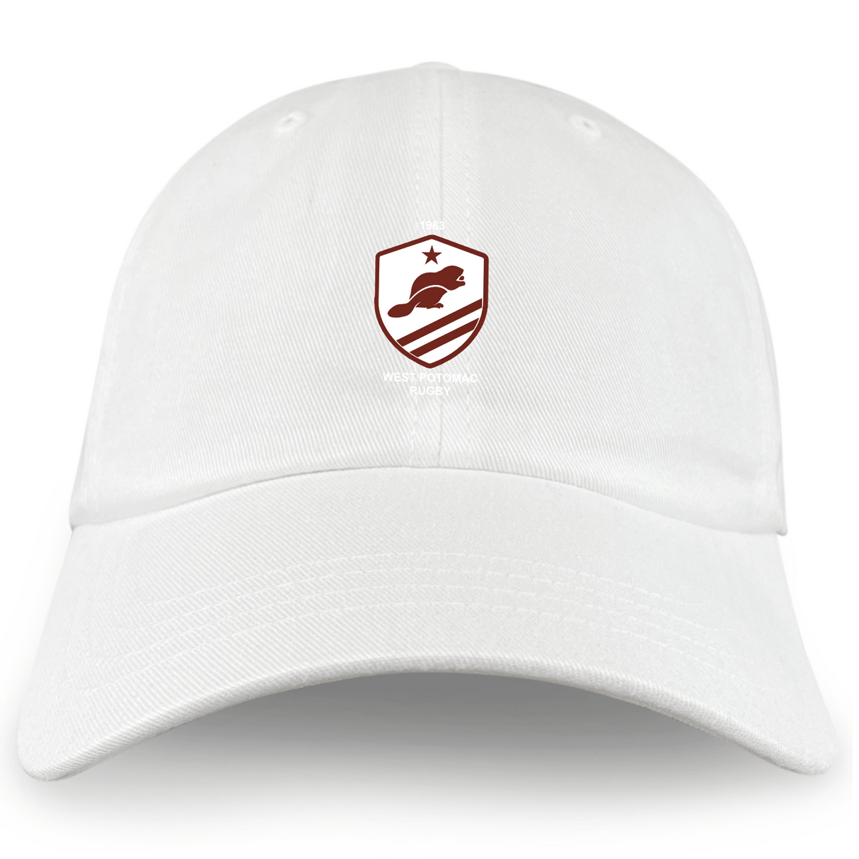 The EMB S&S Activewear West Potomac RFC Adult Low-Profile Cotton Twill Dad Cap features embroidered team branding—a maroon shield with beaver silhouette, a star above, and three diagonal lines below.