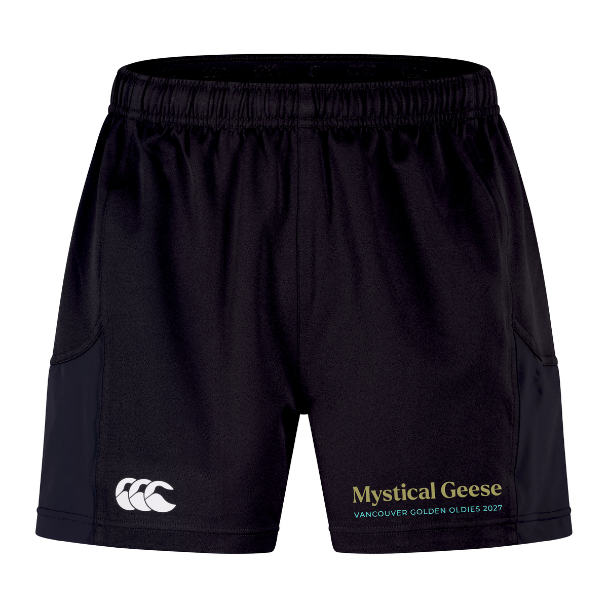 Mystical Geese Advantage Short 2.0 by EMB Canterbury—black performance training shorts featuring a white Canterbury logo on the left leg and "Mystical Geese Vancouver Golden Oldies 2027" in gold and green on the right leg, crafted with recycled materials for a sustainable edge.