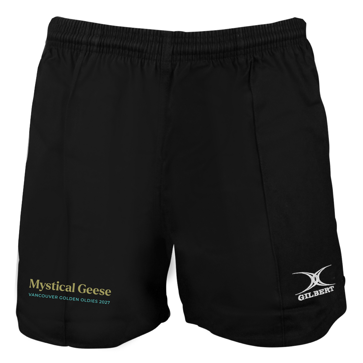 The Mystical Geese Kiwi Pro Short by Gilbert from EMB Gilbert features classic black athletic styling with "Mystical Geese Vancouver Golden Oldies 2027" in striking yellow and teal on the left leg and a crisp white "GILBERT" logo on the right leg—making these Gilbert rugby shorts perfect for any sports enthusiast.
