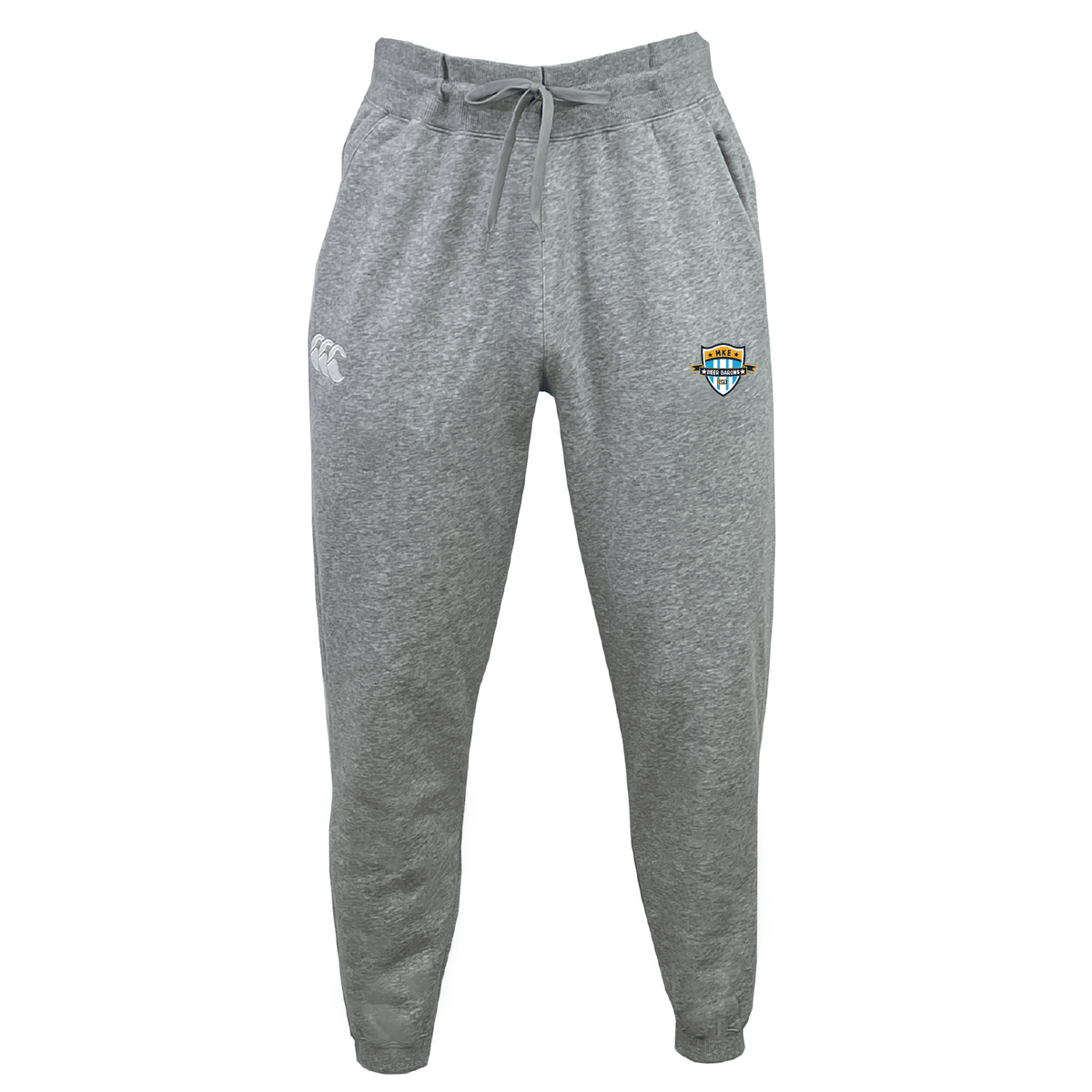 The Milwaukee Beer Barons RFC Leisure Sweatpant by EMB Canterbury is crafted from recycled polyester fleece with an organic cotton blend, featuring a drawstring waist and the Canterbury logo on both thighs.