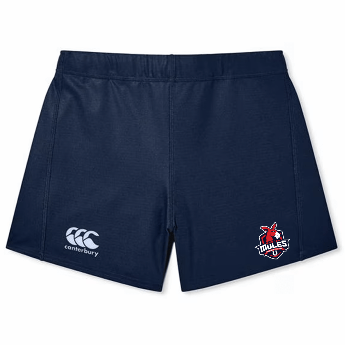 Women's Yokohama shorts by Canterbury in navy blue, showcasing a white EMB Canterbury logo on the left side and a red Moscow Mules RFC logo on the right.