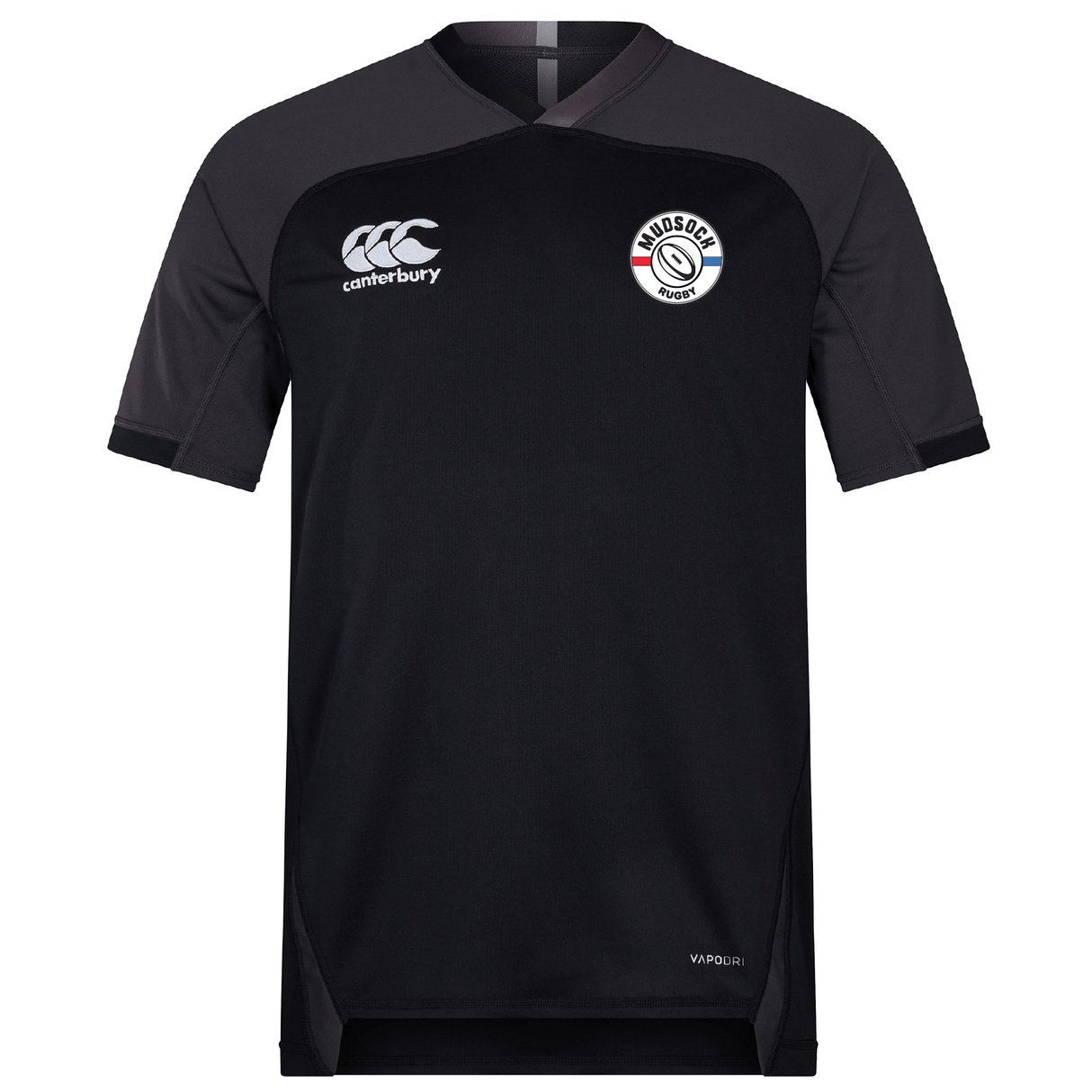 The Mudsock Rugby Vapodri Evader Jersey by EMB Canterbury sports dark gray sleeves, iconic logos on the front, and advanced moisture-wicking technology. It features the Canterbury logo and a "Widnes RFC" badge, ensuring style and comfort on every play.