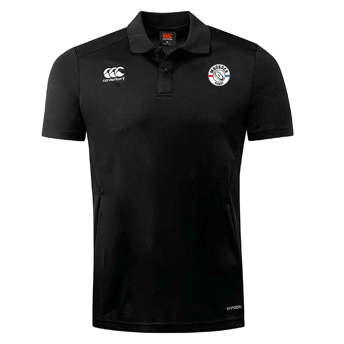 Experience unmatched comfort with the Mudsock Rugby Club Dry Polo by EMB Canterbury. This black polo features Vapodri Technology, a collar, the iconic white Canterbury logo on the right, and a circular emblem on the left. It’s as breathable as it is stylish.
