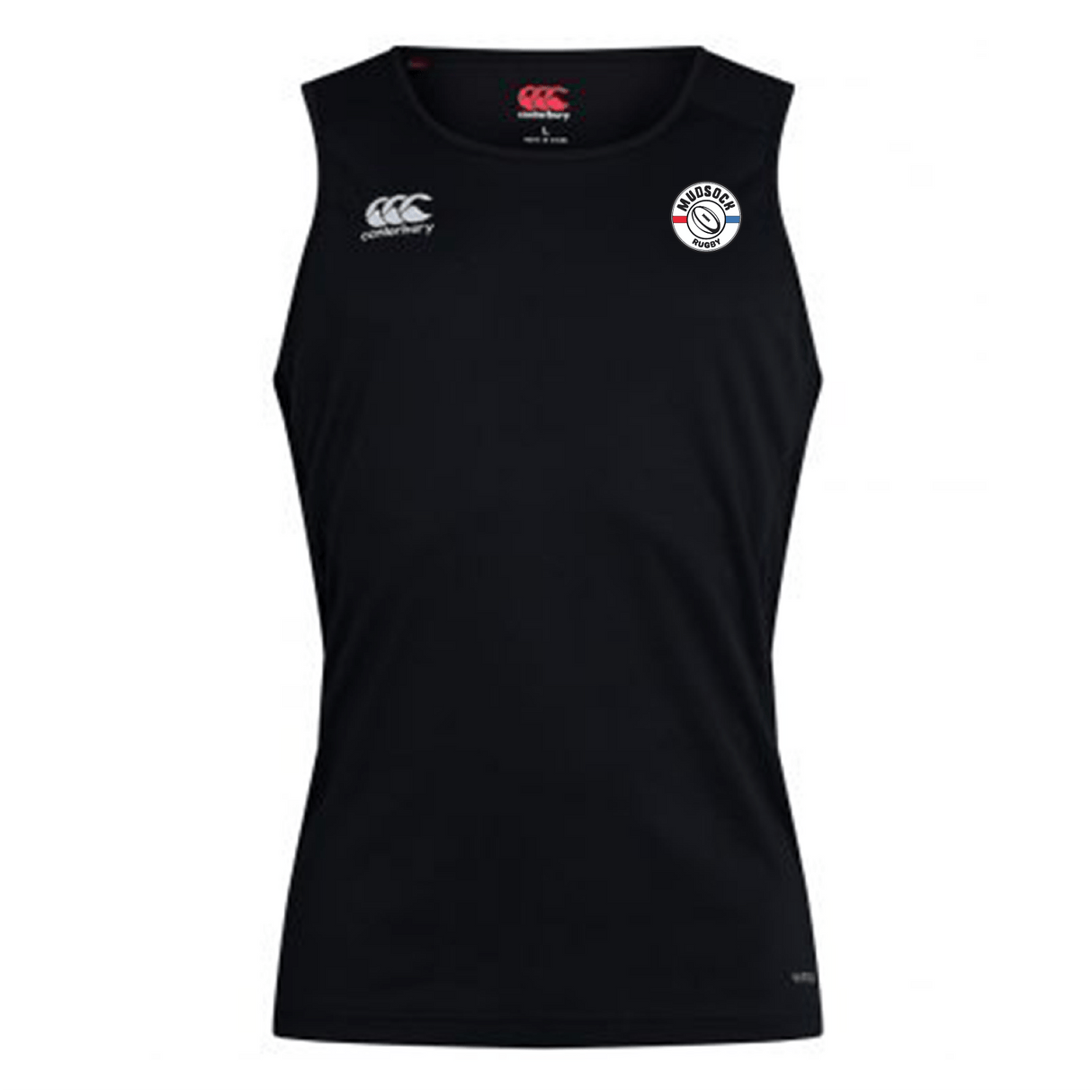 The black Mudsock Rugby Club Dry Singlet by EMB Canterbury is a sleeveless sports jersey with white chest logos and a target emblem, designed with Vapodri Technology to keep you cool and comfortable during any activity.