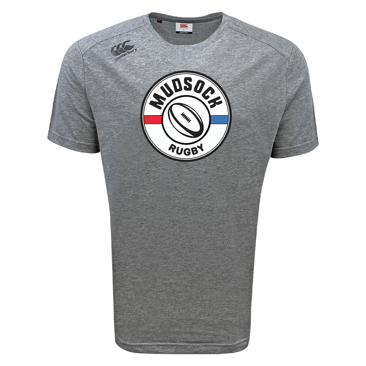 The Mudsock Rugby Tempo Vapodri T-Shirt by WRS Canterbury is a gray sports tee with a center rugby ball, "MUDSOCK RUGBY" logo, and red and blue curved lines. It features VapoDri technology for superior moisture-wicking performance.
