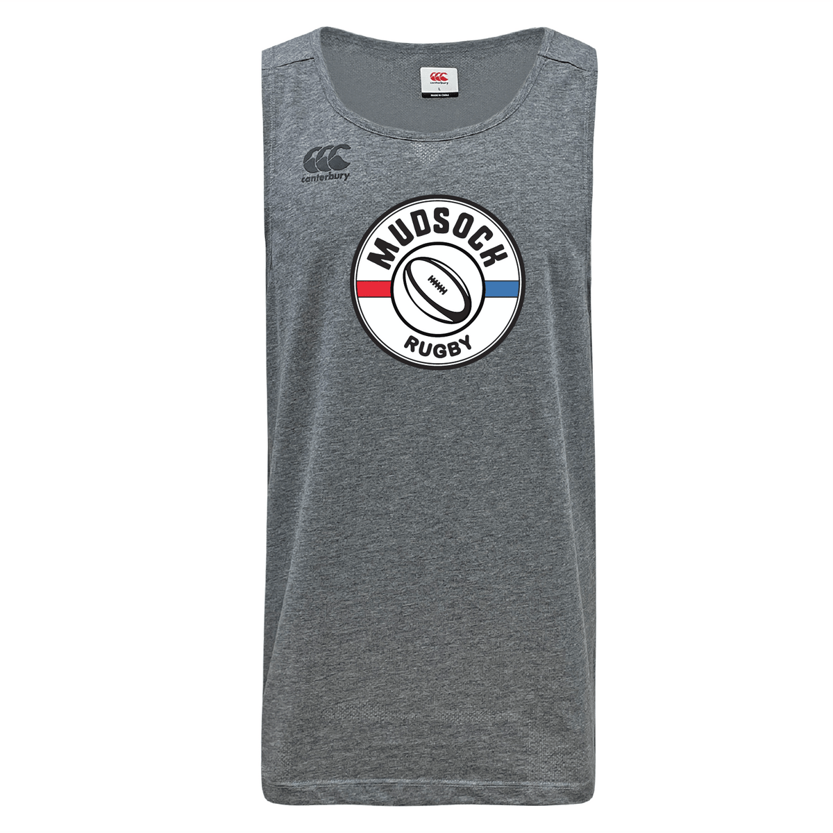 The Mudsock Rugby Tempo Vapodri Singlet by Canterbury from WRS Canterbury is a gray sleeveless shirt made from recycled polyester. It features a central "Mudsock Rugby" logo with a stylized rugby ball and VapoDri technology for excellent moisture-wicking performance.