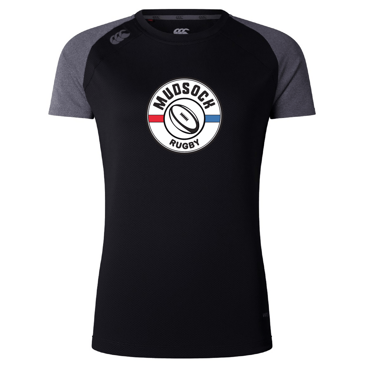 The Mudsock Rugby Women's Elite Training Tee by WRS Canterbury is a black and gray short-sleeve top made from recycled polyester. It features "Mudsock Rugby" and a rugby ball logo on the chest, plus Vapodri technology for comfort, blending performance with style.