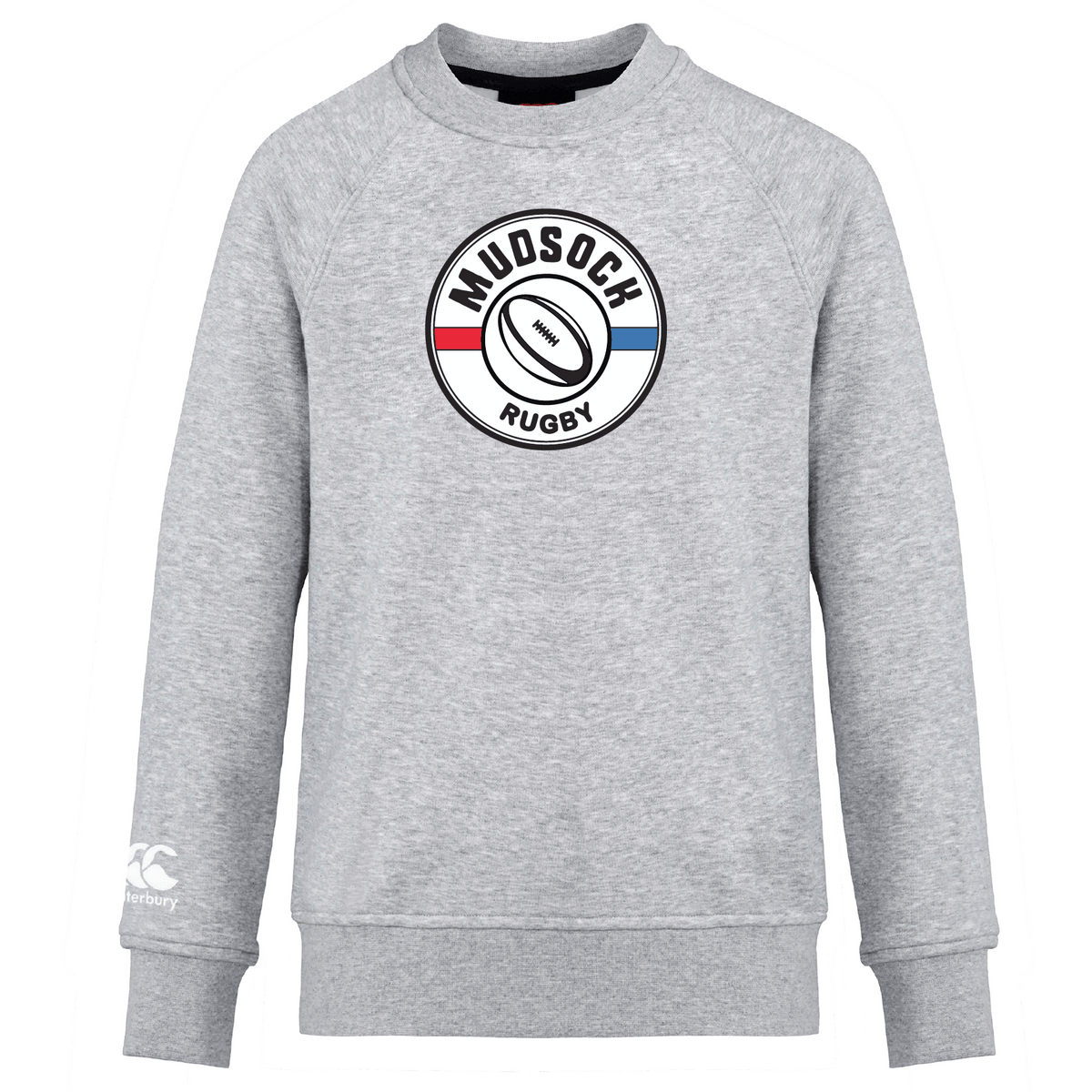 The Mudsock Rugby Club Crew Sweatshirt by WRS Canterbury is ultra-soft in gray, with the "Mudsock Rugby" logo featuring a rugby ball and red, white, and blue stripes. It includes an embroidered CCC logo for added authenticity and style.