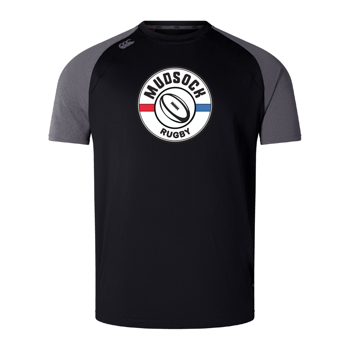 The Mudsock Rugby Elite Training Tee by WRS Canterbury, in black and gray, is crafted with Vapodri fabrics and proudly features the "Mudsock Rugby" logo with a central rugby ball design.