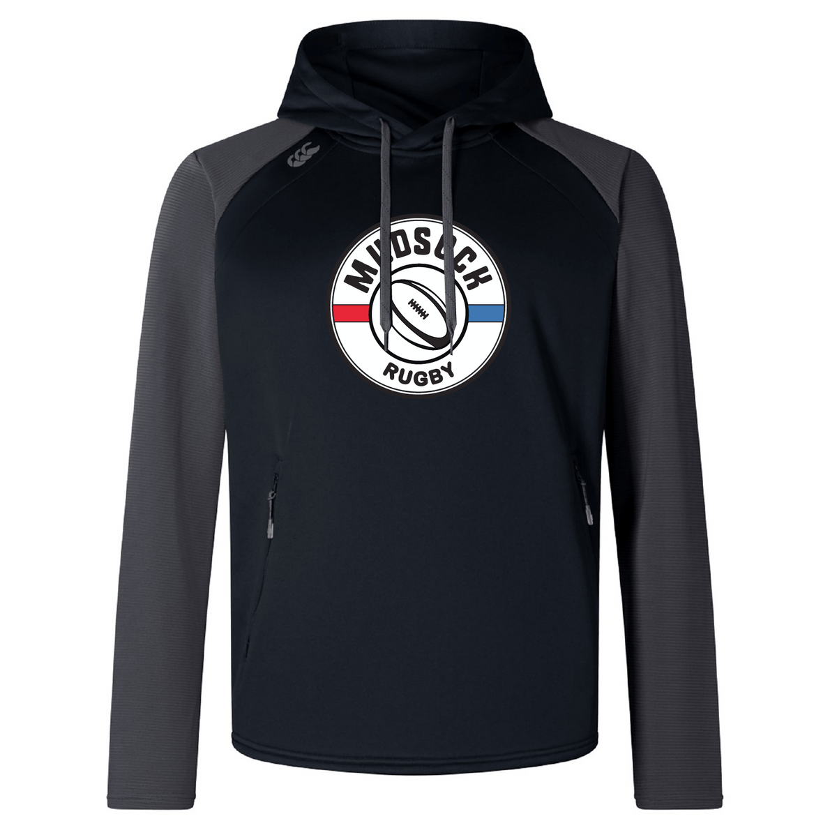 The Mudsock Rugby Elite Training Hoody by WRS Canterbury features a "Madsack Rugby" logo with rugby ball, blue and red stripes. It's crafted from lower impact materials for optimal performance and comfort in black and gray.