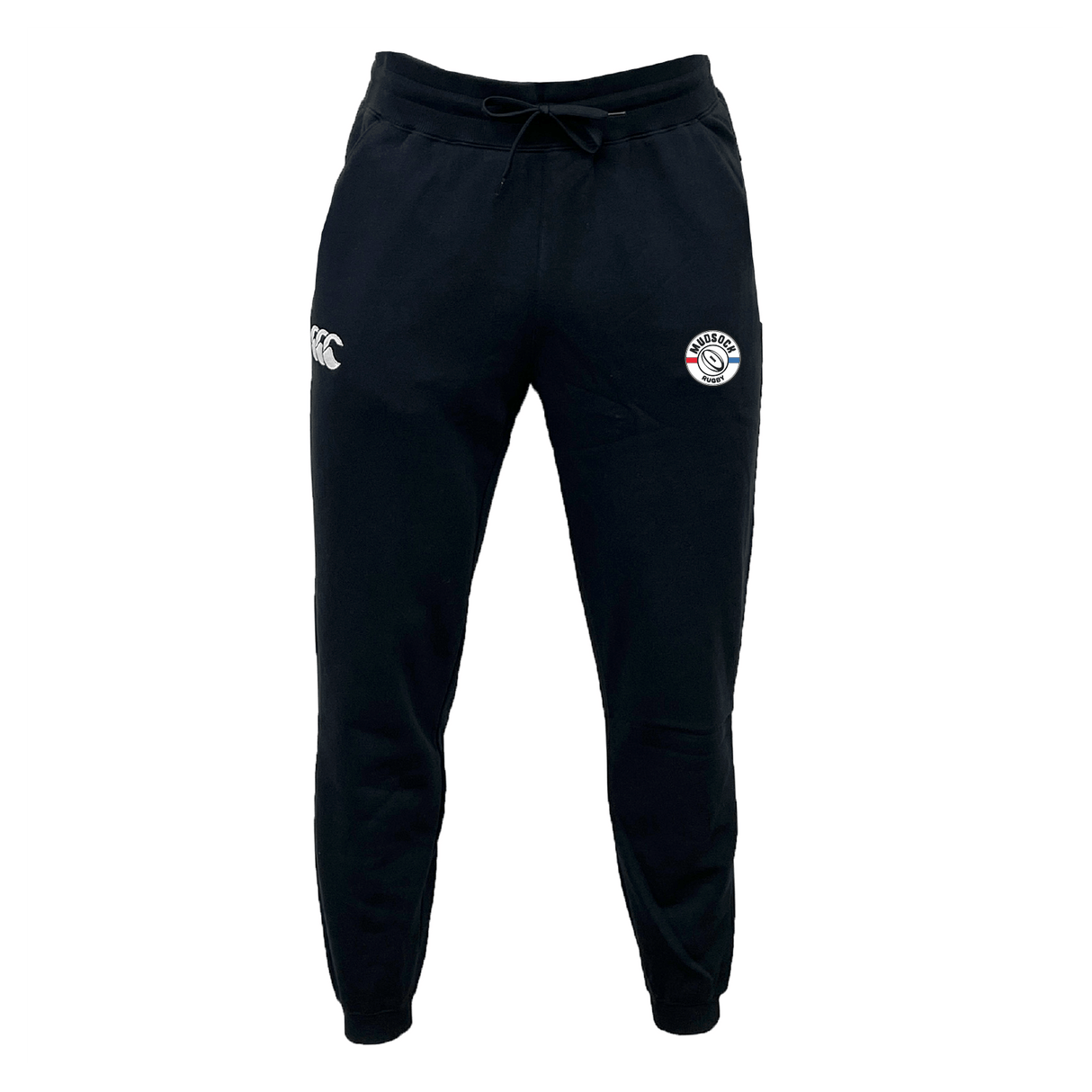 The Mudsock Rugby Leisure Sweatpant by EMB Canterbury blends organic cotton and recycled polyester fleece, displaying the Canterbury logo on the left and a circular emblem on the right. An adjustable drawstring waistband ensures both style and comfort.